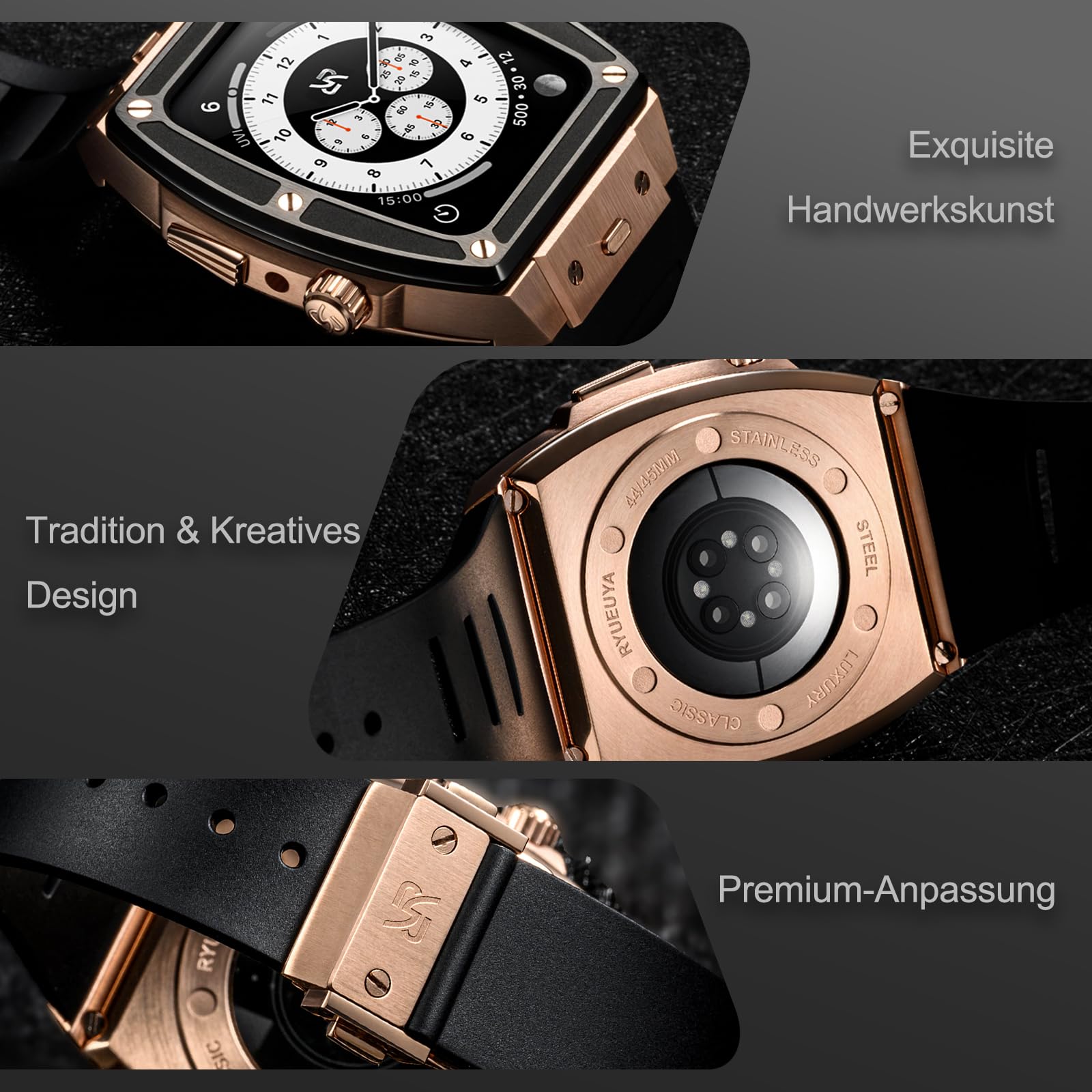 RYUEUYA - Carcasa de acero inoxidable y correa de piel para Apple Watch Series 9, 8, 7, 6 SE, 44/45 mm, funciones tácticas y correa de cambio rápido para iWatch