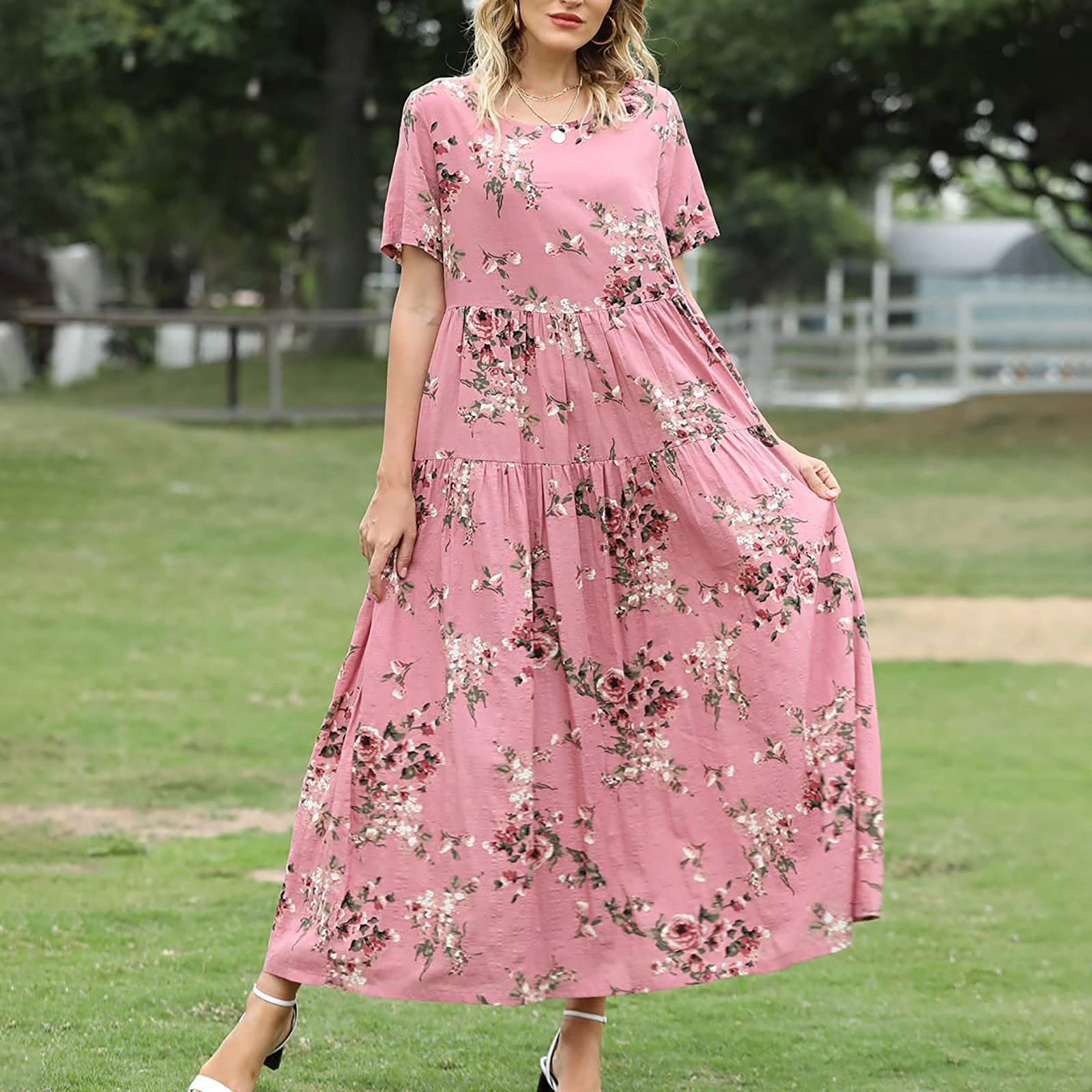 Generisch Vestido midi de playa para mujer, cómodo, plisado, informal, suelto, floral, talla grande, elegante, talla grande