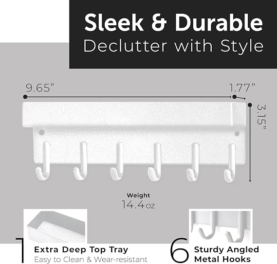 NM E-Store - Magnetic Key Holder w/ 6 Key Hooks, Key Holder for Wall w/Built-in Extra-Deep Tray, Multifunctional Key Hooks for Wall Mounting, Modern Key Rack Organizer, White