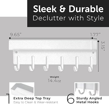 NM E-Store - Magnetic Key Holder w/ 6 Key Hooks, Key Holder for Wall w/Built-in Extra-Deep Tray, Multifunctional Key Hooks for Wall Mounting, Modern Key Rack Organizer, White
