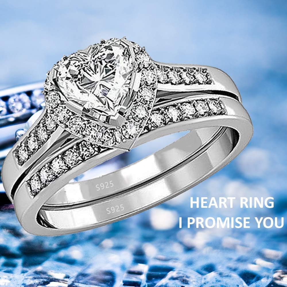 MABELLA Cubic Zirconia Heart Promise Rings Wedding Band Engagement Ring Bridal Sets 925 Sterling Silver