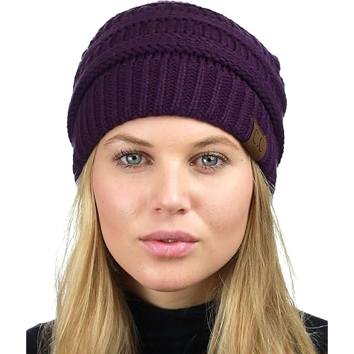 C.C Unisex Chunky Soft Stretch Cable Knit Warm Fuzzy Lined Skully Beanie
