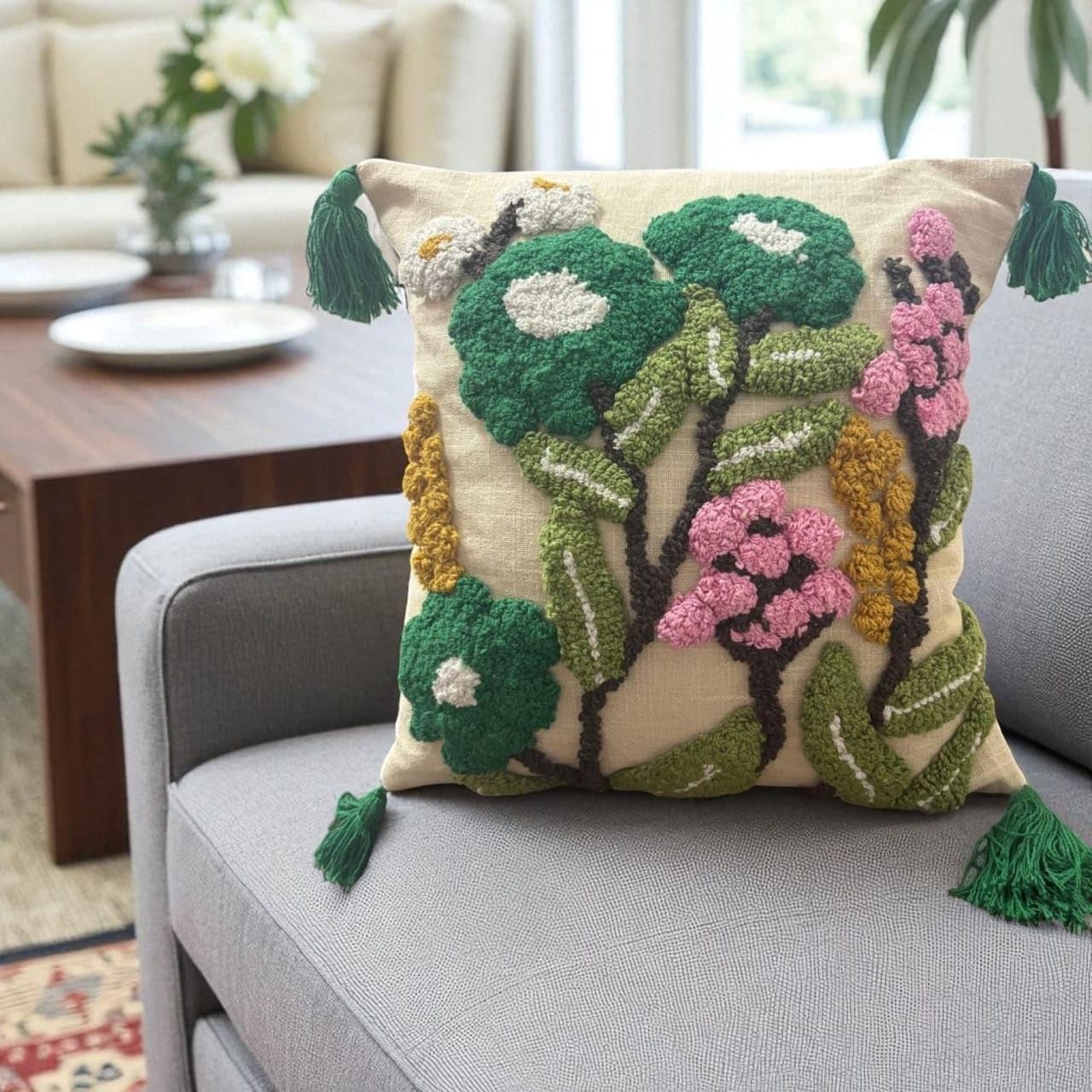 Handmade Tufted Cushion Cover with Tassels | Cotton Decorative Sofa Cushion Cover for Living Room & Bedroom | Boho Throw Pillow Cover 16x16 Inch (Beige) (1, Green Bunch, 16 * 16 inches)