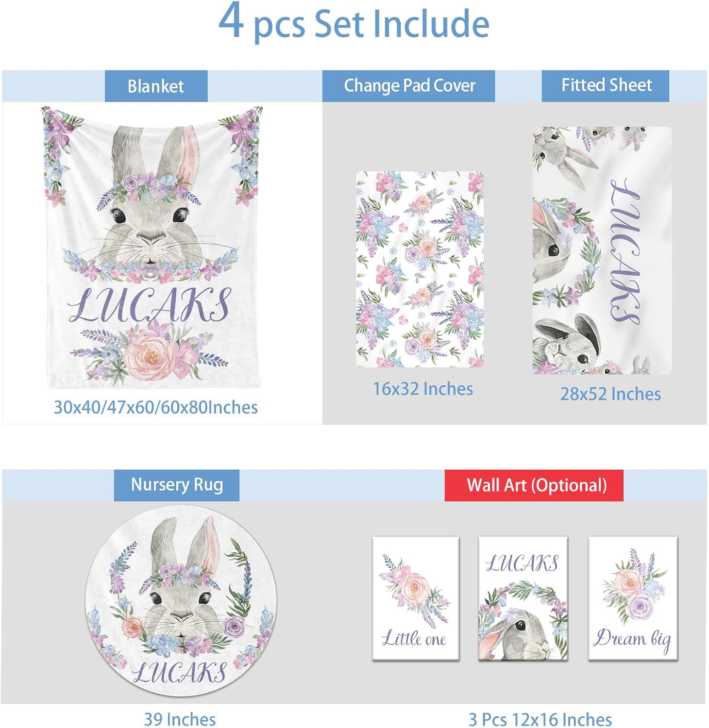 Custom Baby Crib Bedding Set, 4 Pcs Personalized Bunny Design Bedding Set with Name, Soft Blanket Fitted Sheet Pad Cover Rug for Girls Boys New Parents Baby Shower Toddlers Gifts Nursery Decor