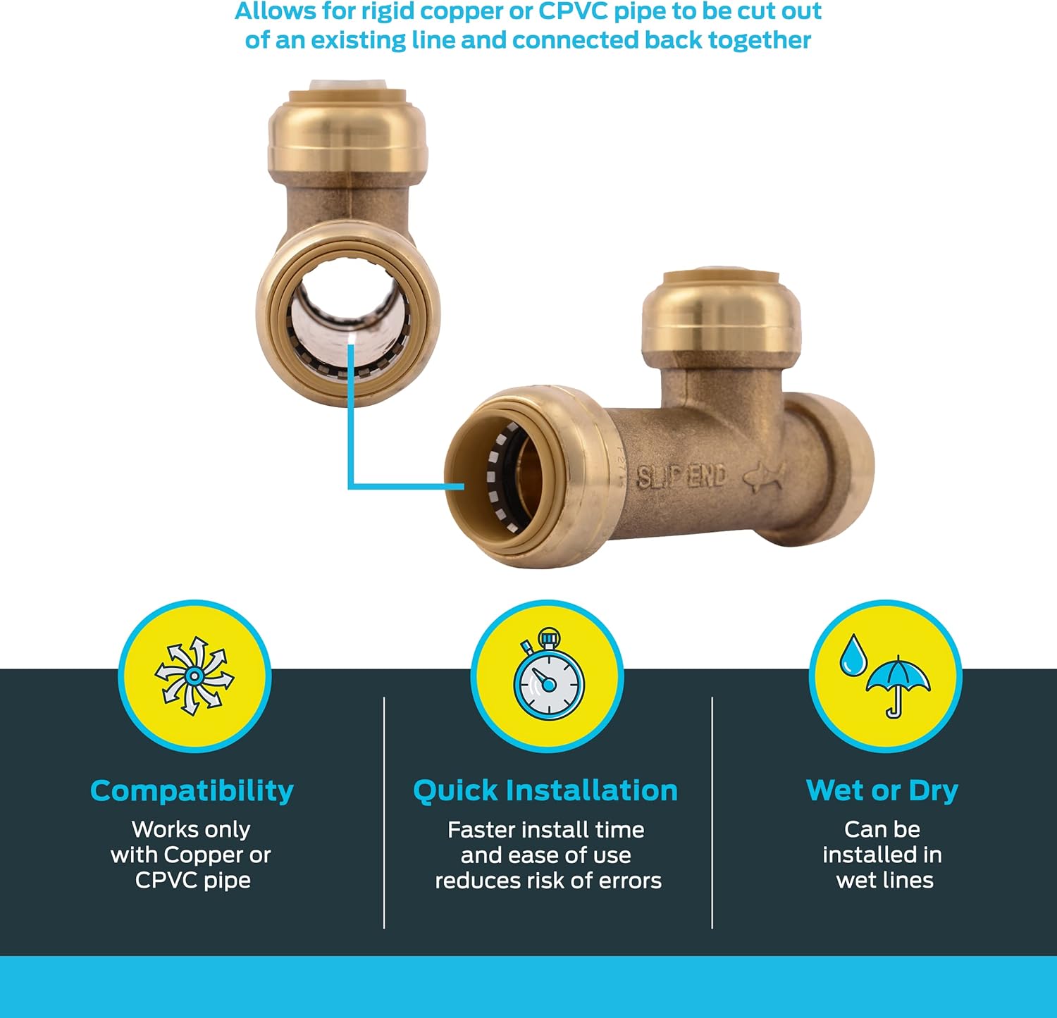 SharkBite 3/4 Inch Slip Tee, Push to Connect Brass Plumbing Fitting, Copper and CPVC, U3370LFA