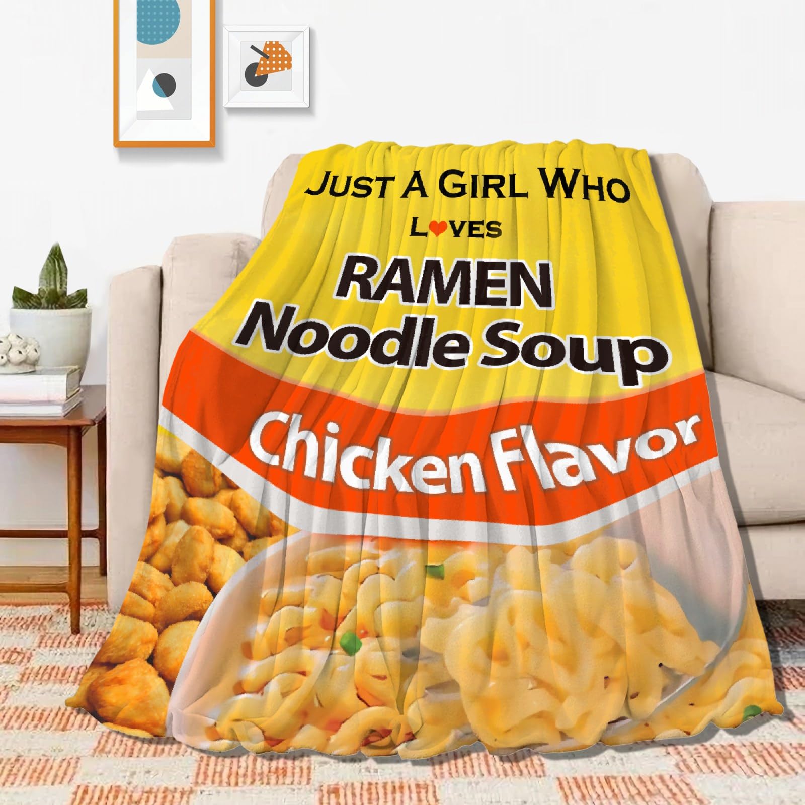 Maruchan Ramen Manta de franela con sabor a pollo, forro polar para aire acondicionado, el mejor regalo, manta ligera y acogedora de felpa para sofá, silla, dormitorio, M, 60 x 50 pulgadas, para