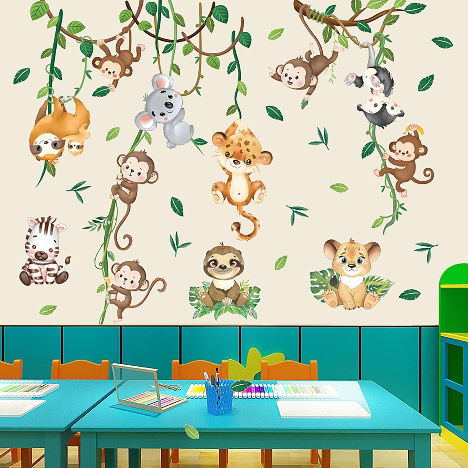 Cartoon Jungle Animal Wall Stickers, Monkey Koala Tiger Lion Zebra Tree Vine Wall Stickers for Bedroom Playroom Safari Animal Themed Wall Decor Art Wall Decor (Jungle Hanging Animals)