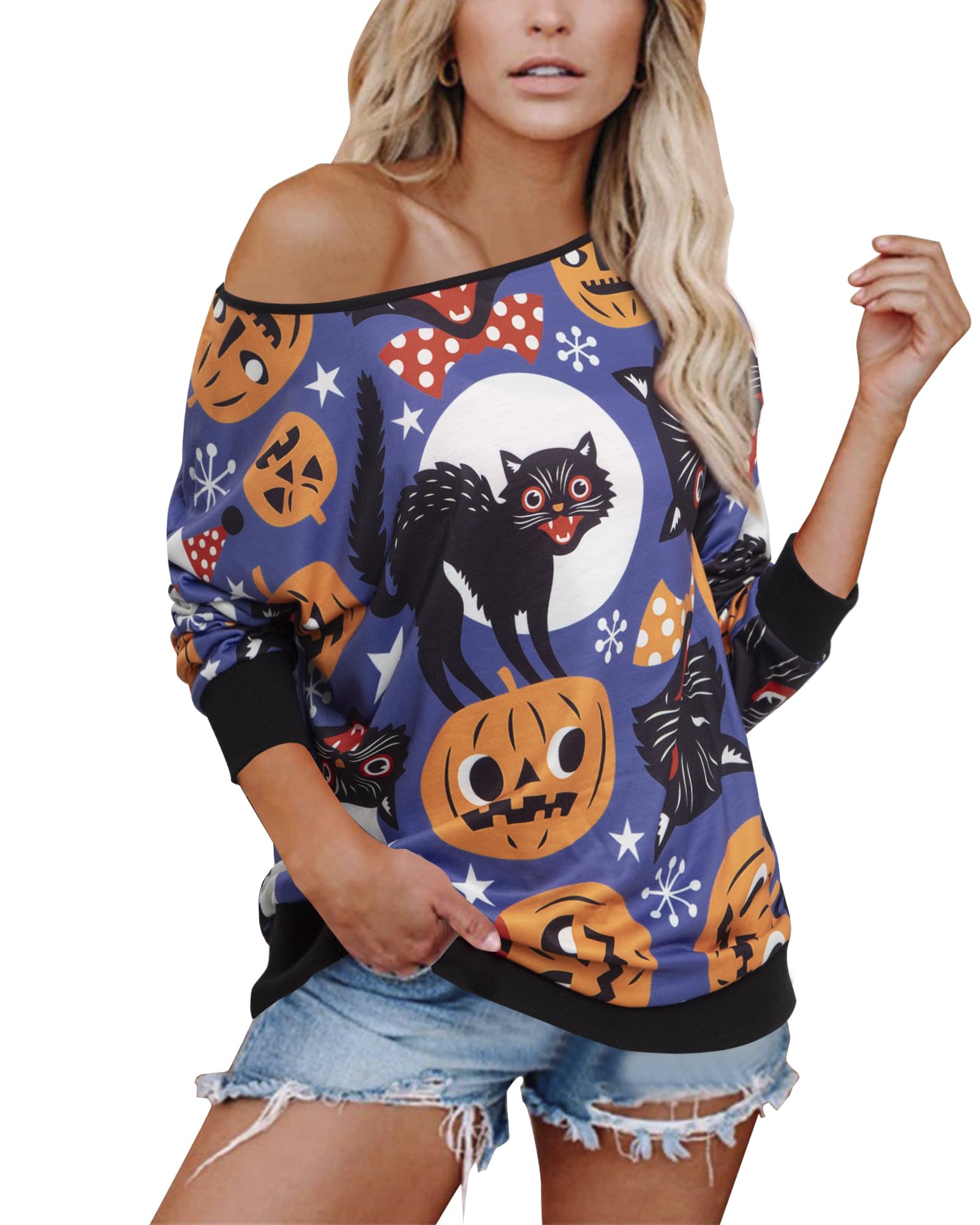 EGELEXYHalloween Sweatshirts for Women Pumpkin Face Shirt Cats Off Shoulder Pullover Blouse Long Sleeve Pullover Tops