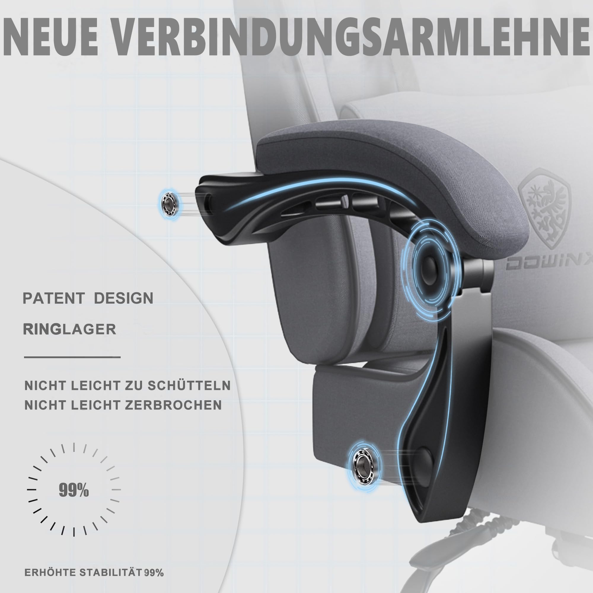 Dowinx Krzesło gamingowe, krzesło biurowe, torba materiałowa, poduszka sprężynowa, krzesło do gier, z zagłówkiem, ergonomiczny fotel do gier z podnóżkiem, szary