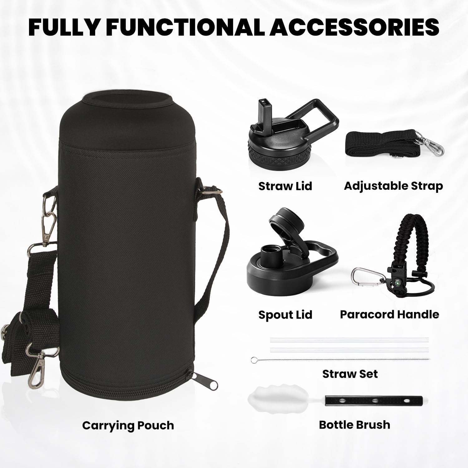 Insulated Water Bottle 87 oz, Triple Wall Vacuum Stainless Steel (Cold for 48 Hrs), Leak Proof & Non-BPA, Modern Water Flask Jug with Paracord Handle & Straw Spout Lids, Magic Black - Image 6