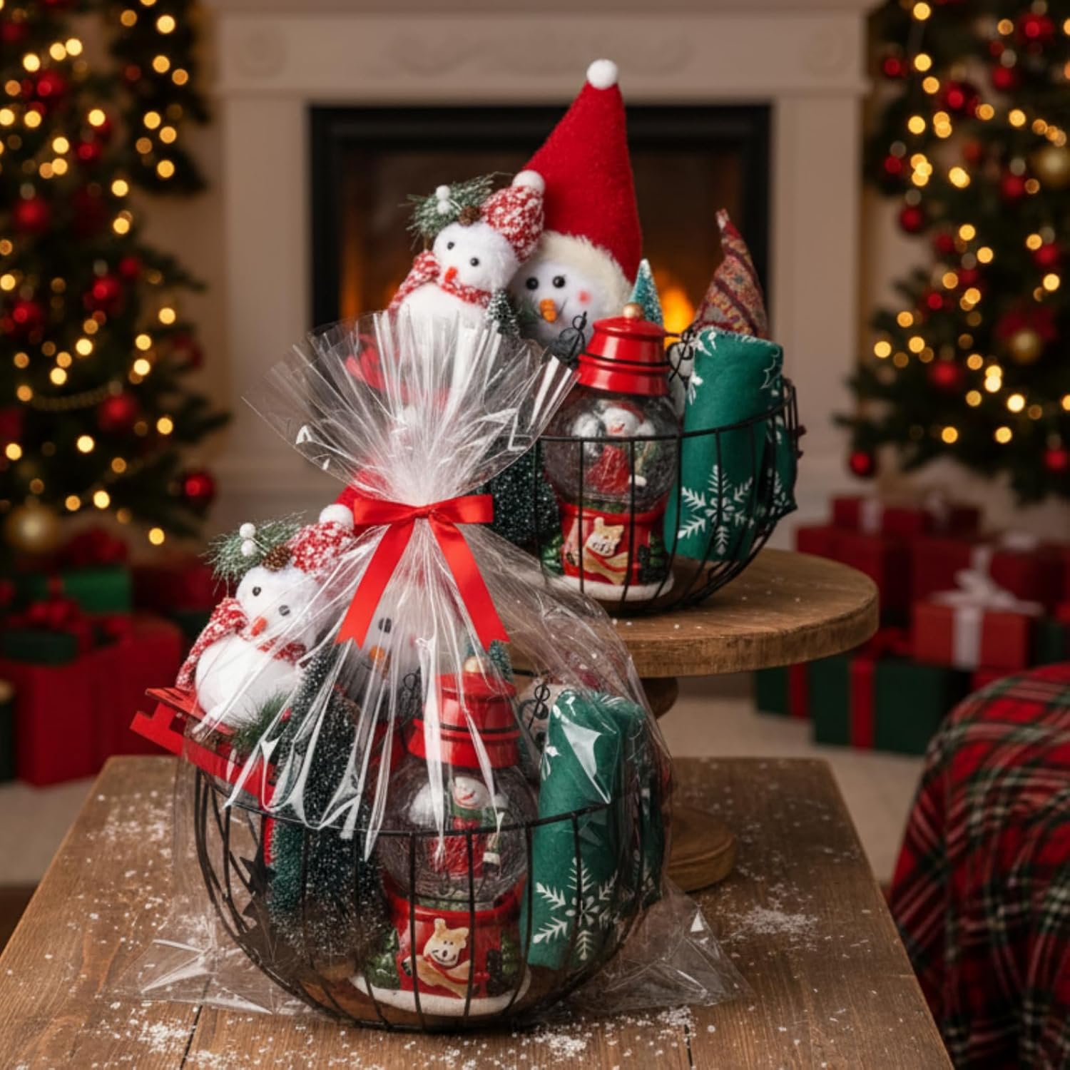 Threehoney Iron Christmas Baskets for Gifts Empty 12 Inch Large Christmas Gift Basket Empty Gift Basket with Cellophane Wrap Set and Red Bow for Xmas Birthday Holiday Favor Wrapping