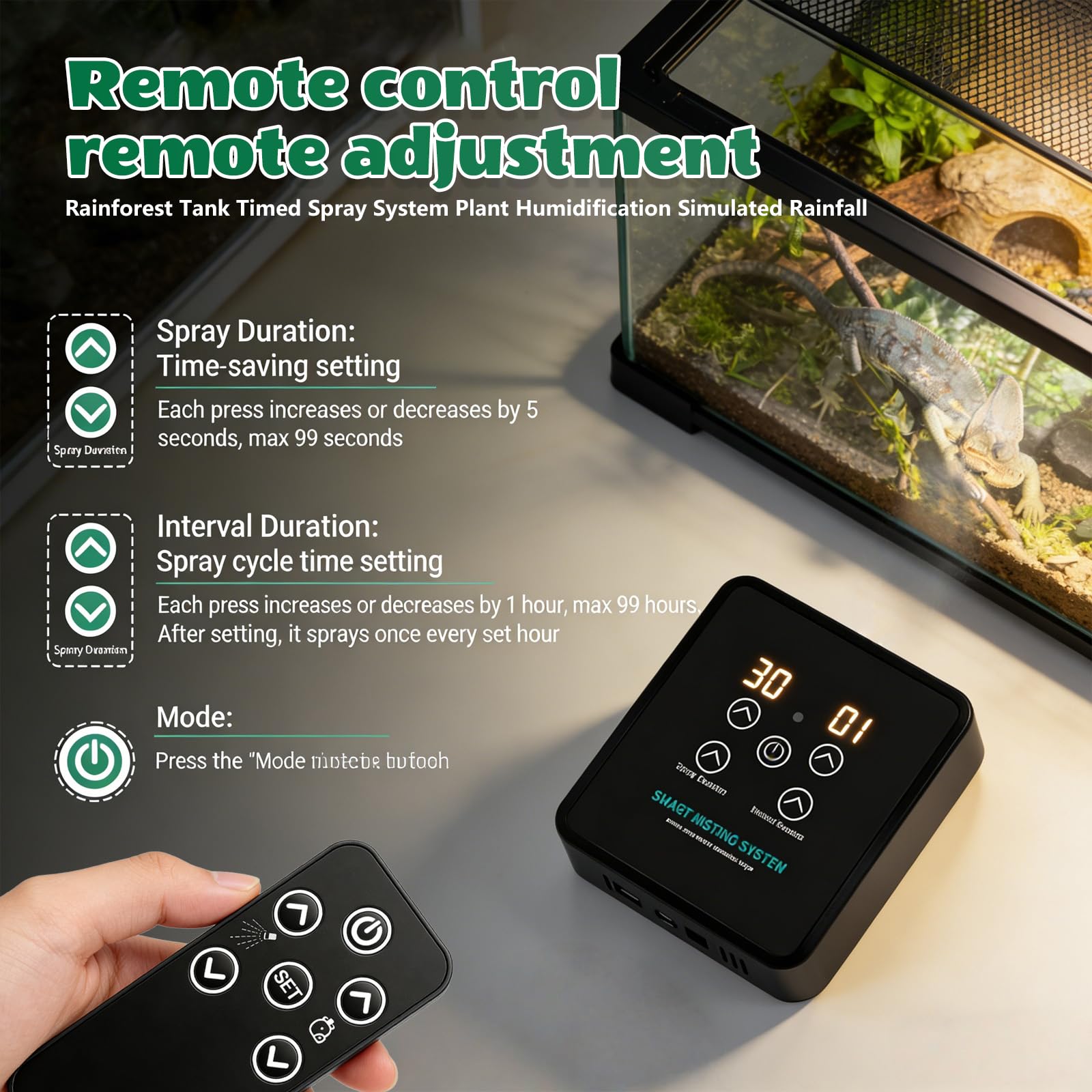Humidificador de reptiles, sistema de pulverización inteligente para reptiles con mando a distancia, sistema de niebla de reptiles, atomizador automático inteligente giratorio de 360 ° para reptiles