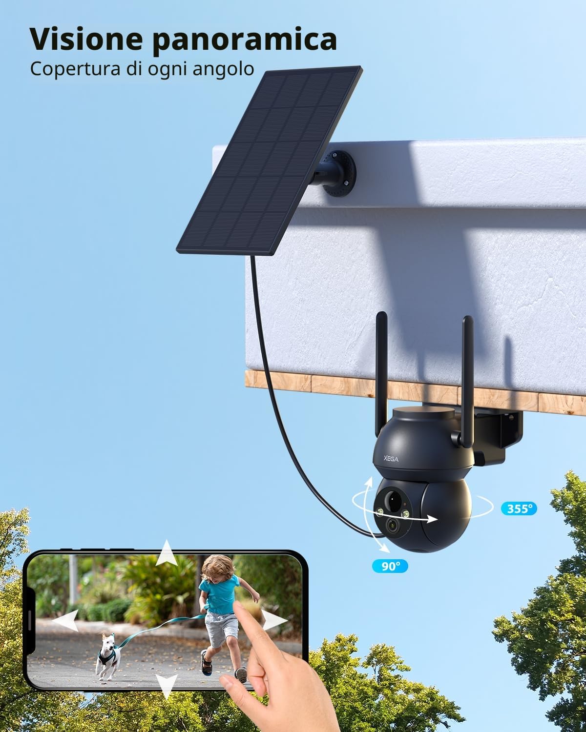 Xega 2 Pezzi Telecamera WiFi Esterno Senza Fili 2,4GHz, HD PTZ Telecamere | con Pannello Solare Batterie,Visione Notturna a Colori,Rilevamento Umano/PIR con Allarme,Audio Bidirezionale,TF/Cloud,IP66