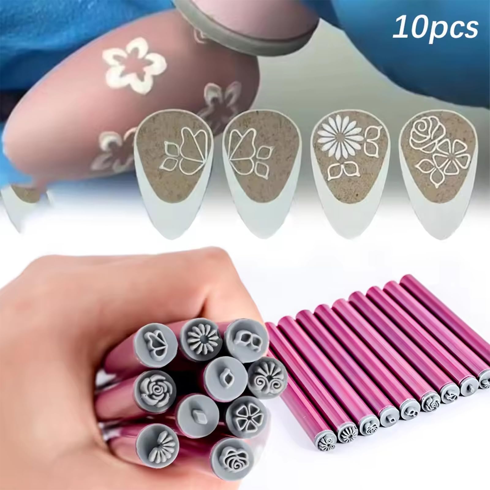 Nailart 10 sztuk pisaków do stempli z kwiatami i wzorami, akcesoria do projektowania paznokci, silikonowe stemple do zdobienia paznokci, kwiaty, graffiti, do zdobienia paznokci
