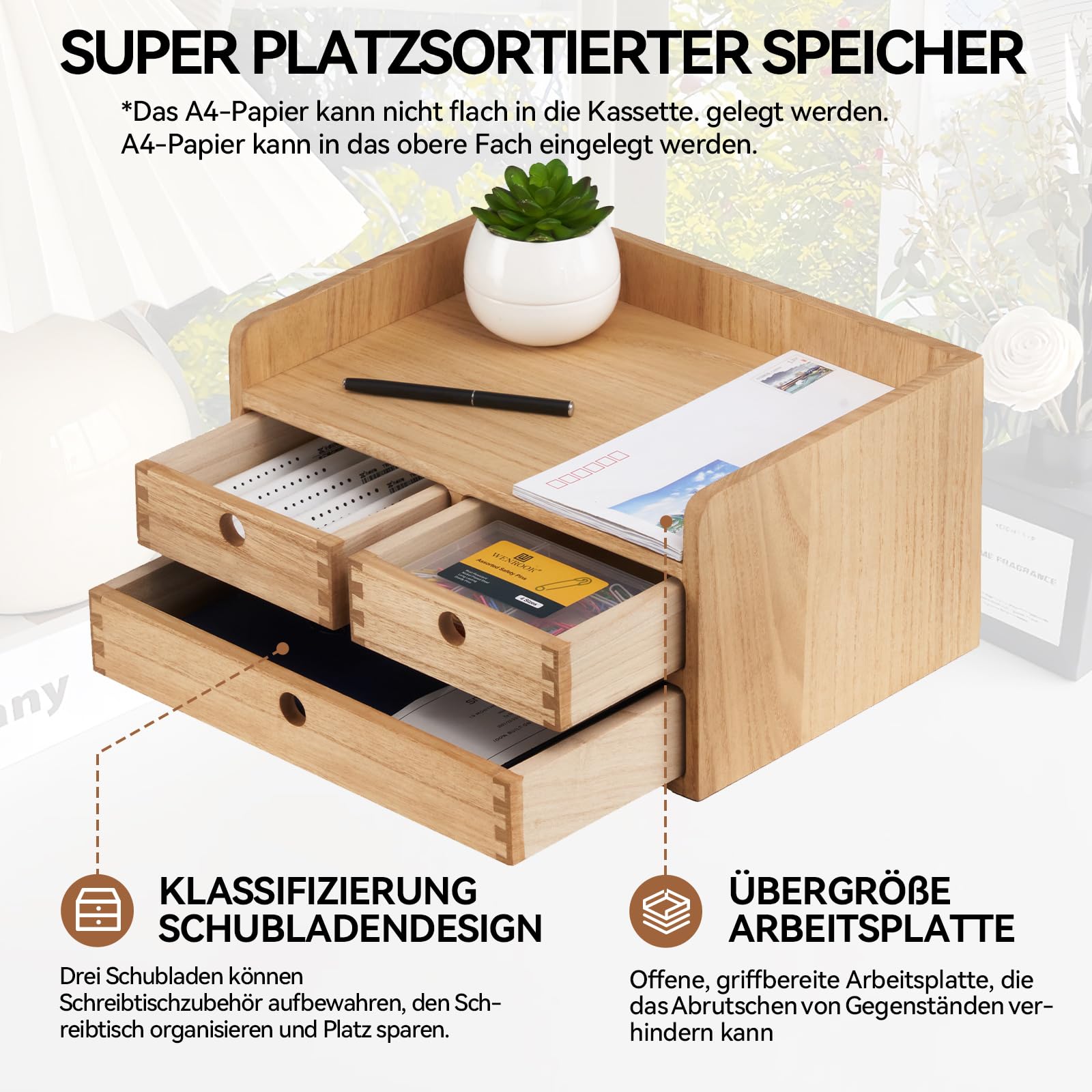 KIRIGEN Schubladenbox Holz, Schreibtisch-Organizer, A4-Fach, Natur | 35 x 27 x 16,7 cm, 3 Schubladen, Ablagefach, Massivholz, handgefertigt, fertig montiert, Zapfenverbindungen, Pflanzenöl