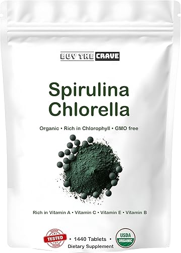 Tabletas orgánicas de clorella espirulina, 3000 mg por porción, 1440 tabletas, suministro para 8 meses, solo 1 ingrediente, mezcla 5050 súper