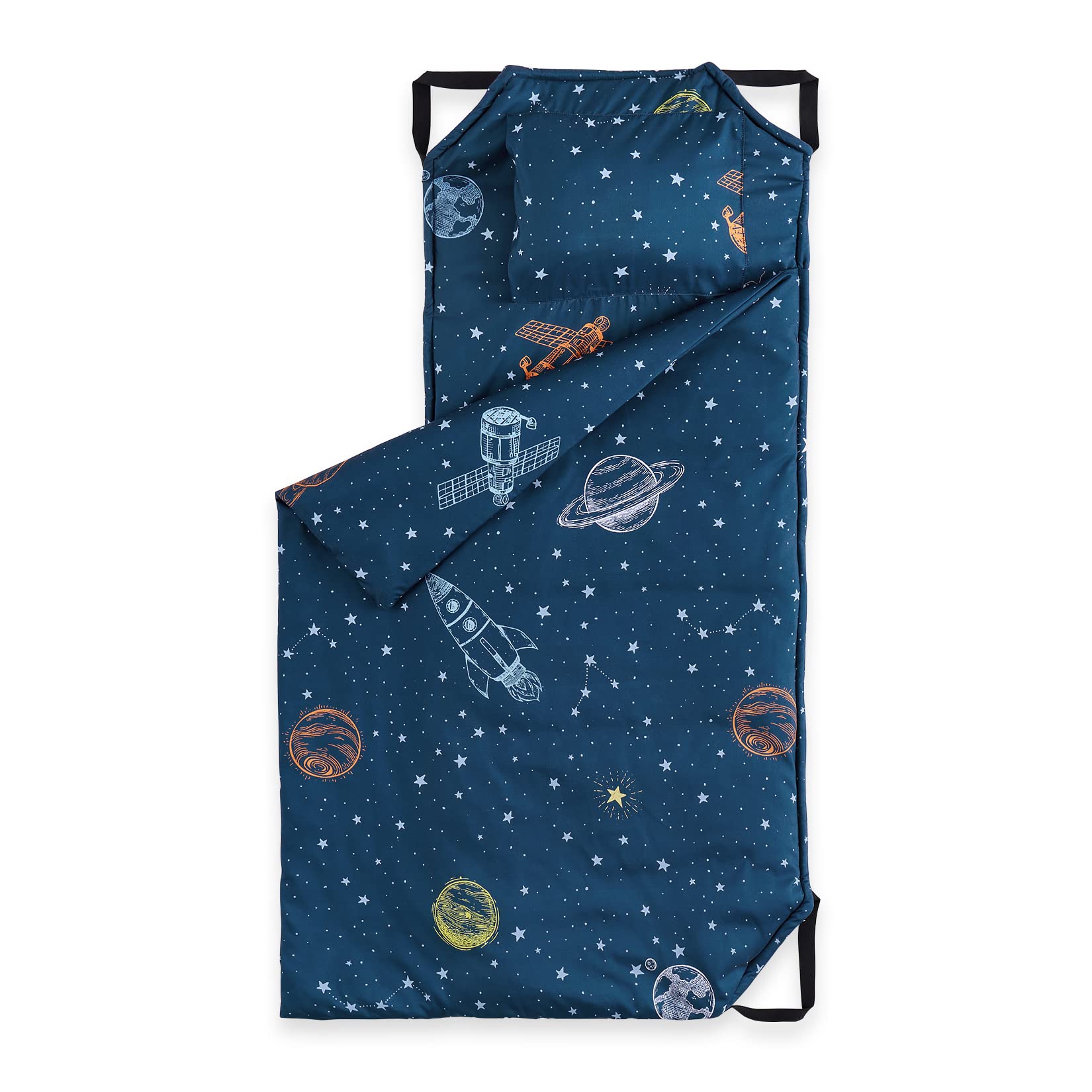 Wake In Cloud - Nap Mat with Pillow for Kids Toddler Boys Girls, Fit Preschool Daycare Sleeping Cot with Elastic Corner Straps, Rockets Stars Galaxy Space Planet on Navy Blue, 100% Soft Microfiber