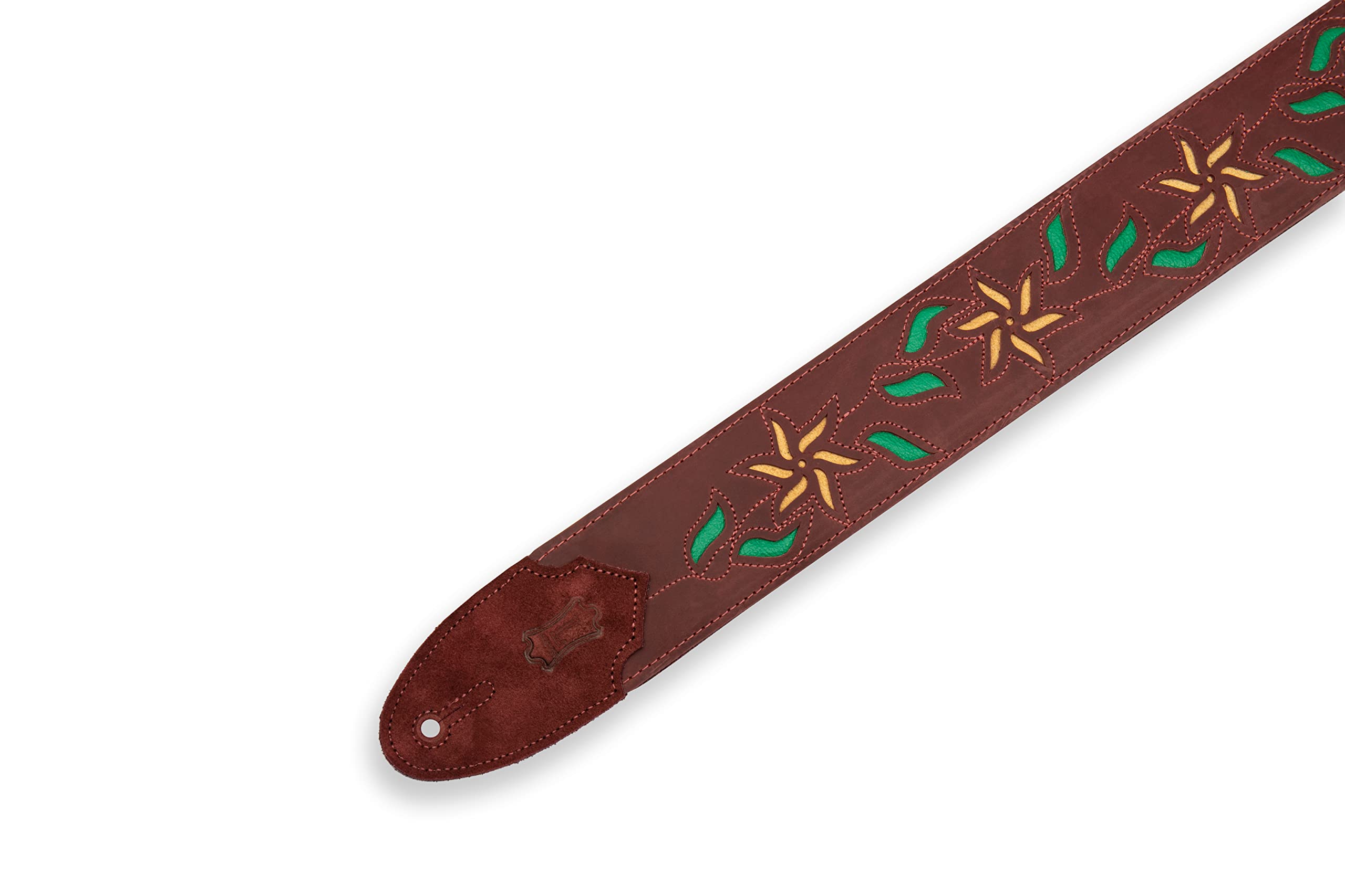 Levy's Flowering Vine Leather Guitar Strap - Burgundy with Yellow Flowers, Burgundy/Light Brown - Image 3