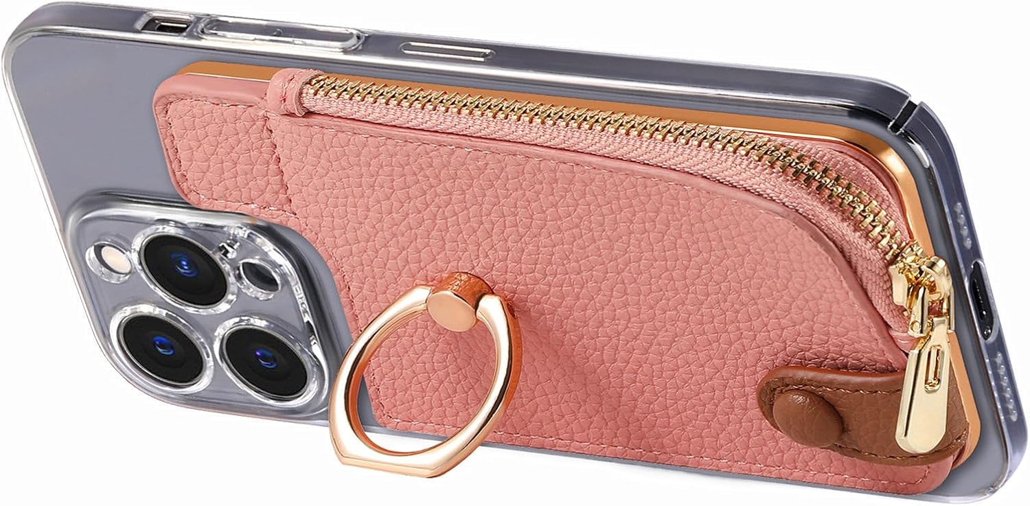 [Angel Smile] スマホ カードケース 粘着カードホルダー 貼り付け カード収納 ICカード 定期入れ 小銭入れ付き RFIDブロッキング リング付き スマホスタンド ファスナー付き コインケース かわいい 全機種対応 (ブルー)