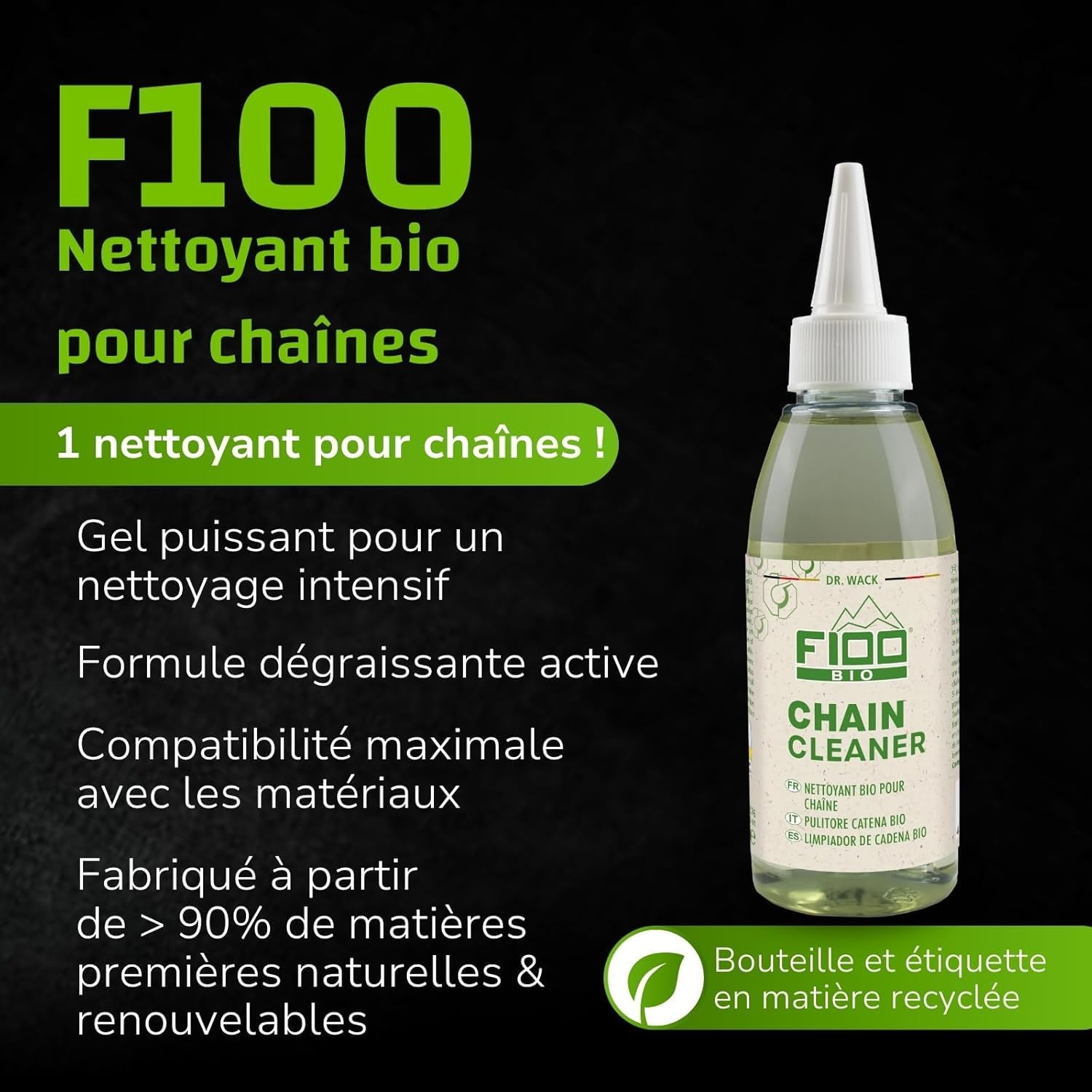 Dr. Wack - F100 Kit d'entretien Vélo Produits Bio - 4 Produits inclus - Nettoyant Vélo + Nettoyant Chaînes de Vélo + Brosse pour Chaîne + Chiffon Microfirbres - Fabriqué en Allemagne