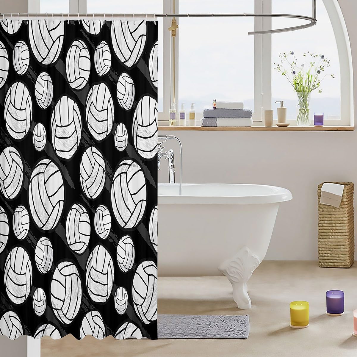Homewish Volleyball Kids Shower Curtains,Ball Sports Lovers Bathroom Curtains,Girls Boys Adults Gamer Decor,Cool Graffiti Black Stripes Fashion Modern Waterproof Curtains,12 Hooks Suits,72" W x 72" L image 3