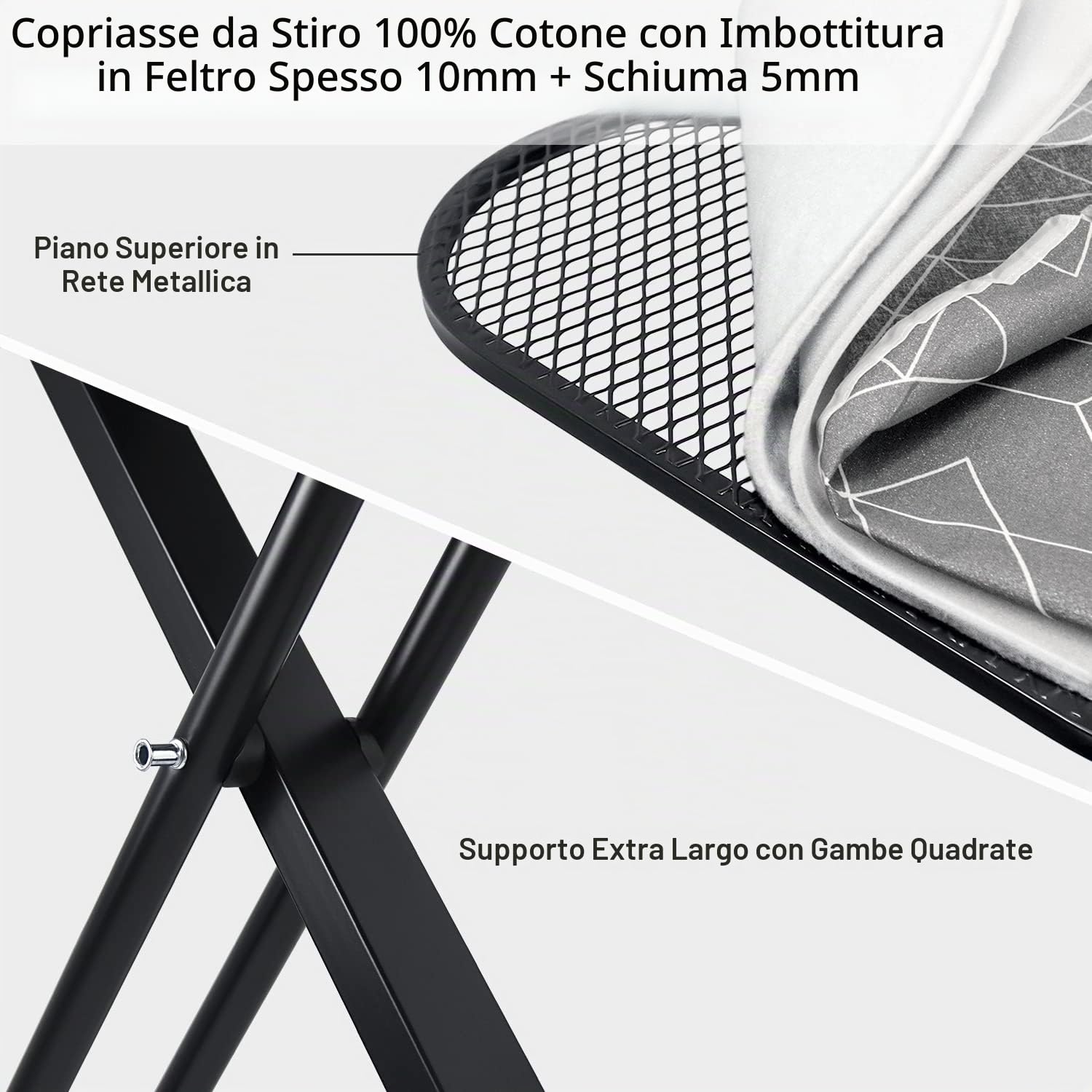 Duwee Asse da stiro extra large con grande appoggio in ferro a vapore, copertura resistente al calore con imbottitura spessa a doppio strato, altezza regolabile, gambe robuste e pieghevoli,122 x 43cm