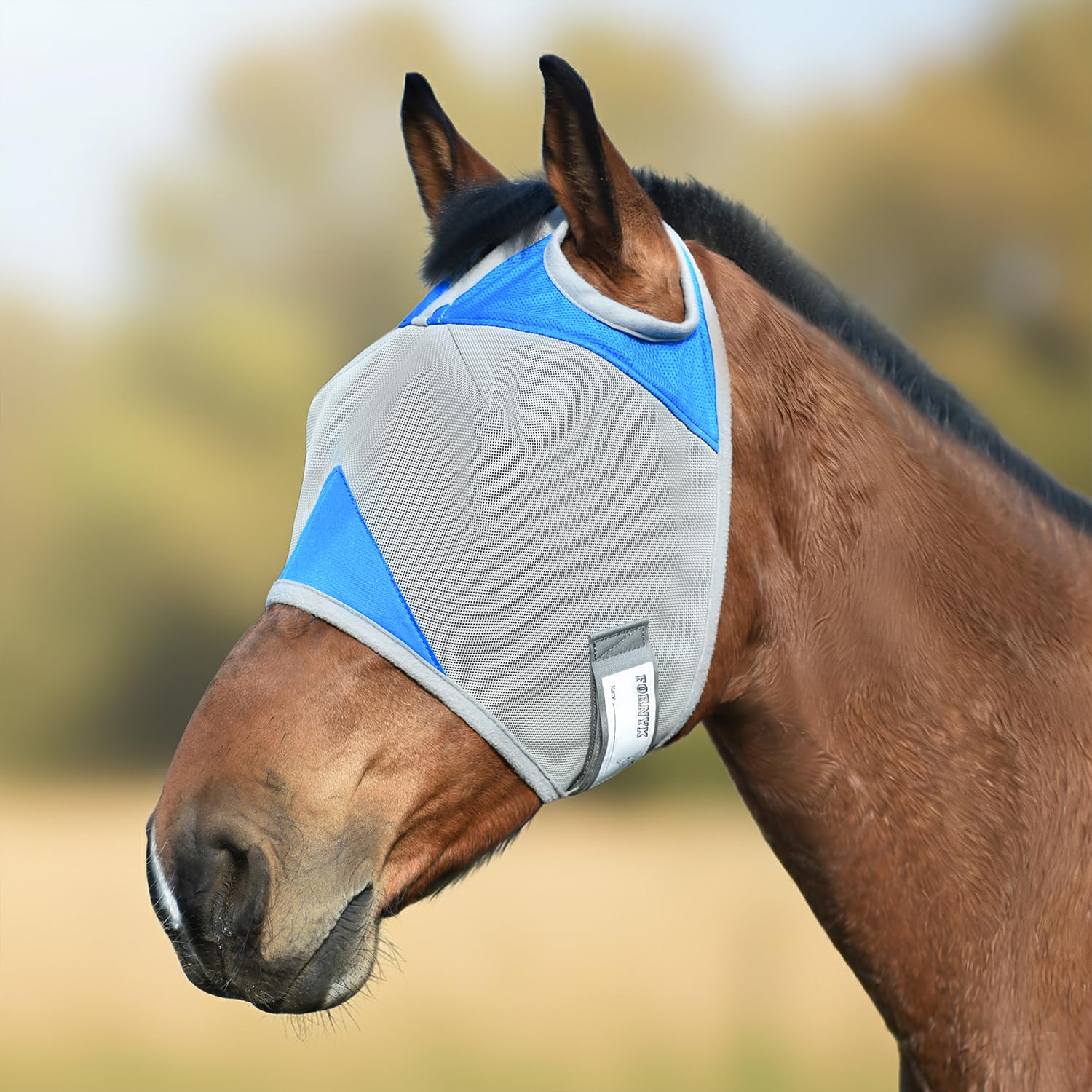 Fornyk Horse Fly Mask Without Ears, Writable Name Tag, UV Protection, Soft Padding, Adjustable Hook-and-Loop Strap, Ideal for Daily Turnout and Multi-Horse Barns (Blue, Large)