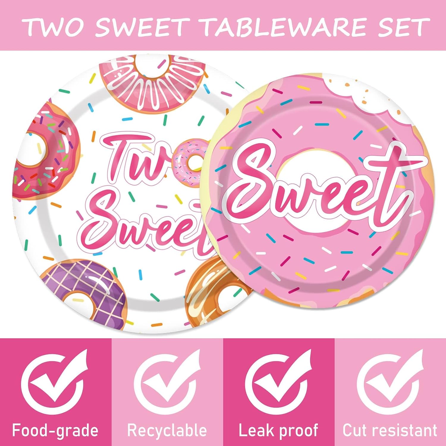 ZOIIWA 96 Pcs Two Sweet Donut Birthday Party Supplies Girls Donut Themed Tableware Table Decor Baby Girl 2nd Birthday Paper Plates Napkins Disposable Dinnerware Party Favor for Baby Shower 24 Guests