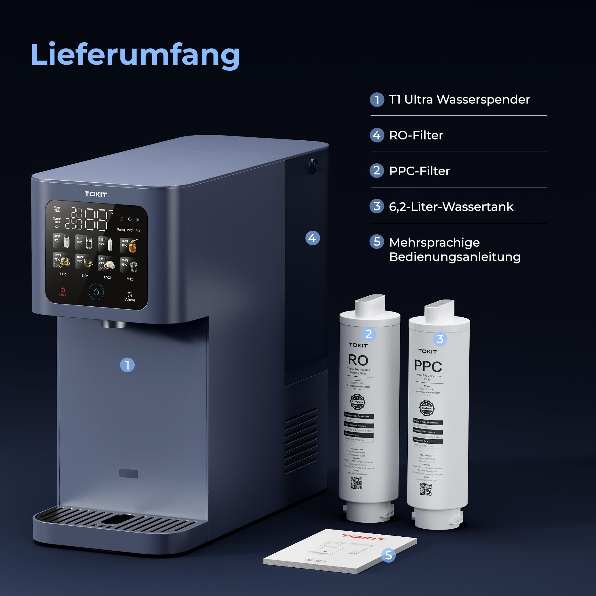 TOKIT T1 Ultra Ósmosis Inversa de Sobremesa 5-100°C, Dispensador de Agua Caliente y Fría con Lámpara UV & Filtro RO, 8 Niveles de Temperatura, CE & EMC Certificado