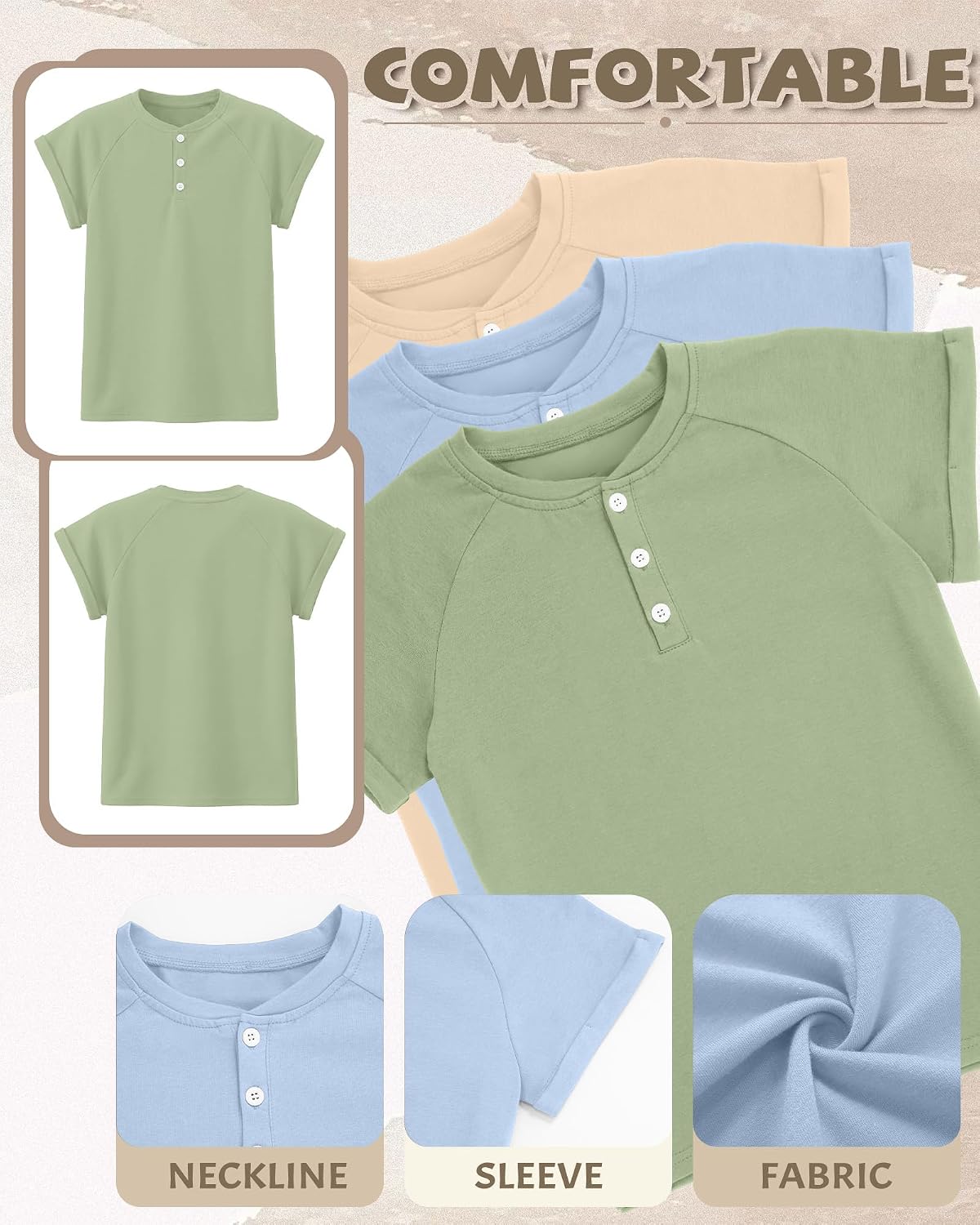 3 Pack Boys Henley Shirt Kids School Uniform Shirt Casual Summer T-Shirts Button up Rolled Cuff Tops Tee 5-14 Years