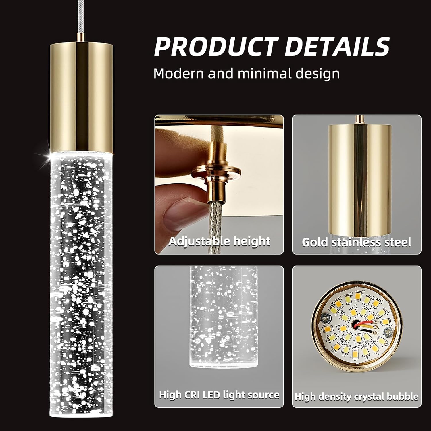 OKELI Modern Pendant Light, LED Bubble Crystal Kitchen Island Lights Fixtures,Mini Single Island Lights Pendant Lighting for Kitchen Island,Bar,6W,6000K,Gold