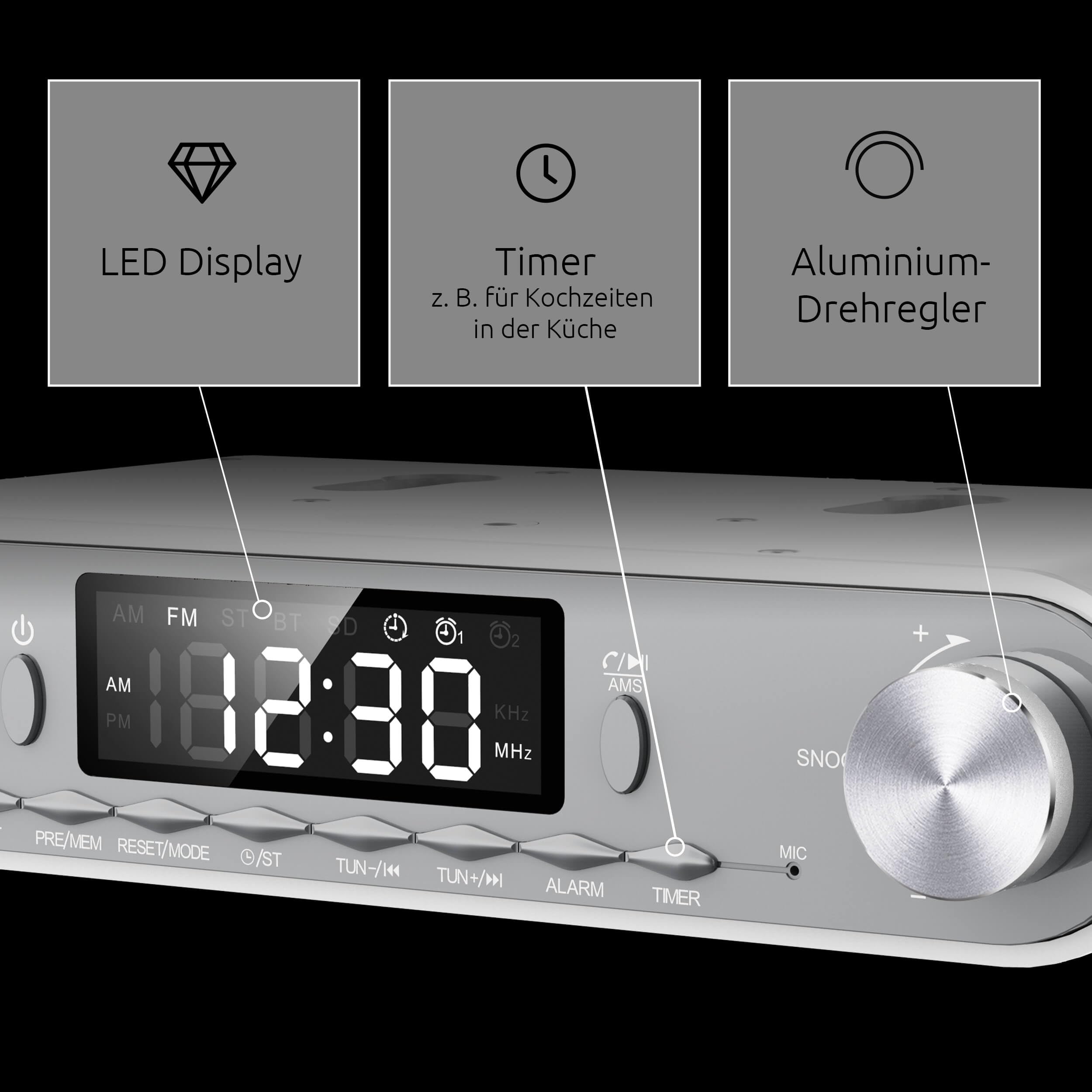 TechniSat Viola Küchenradio - Unterbau Radio mit UKW/FM, LED Display, Arbeitsleuchte, Timer, Bluetooth, Weckfunktion, Freisprecheinrichtung, 5 W Lautsprecher