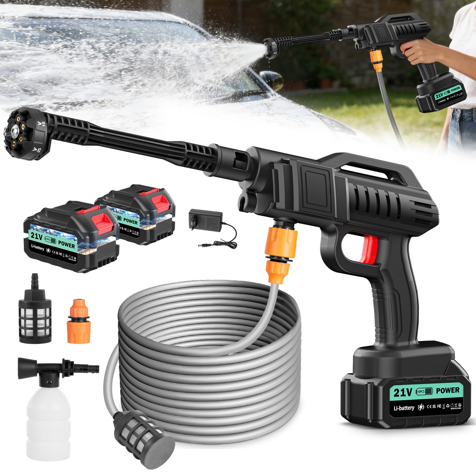 Pulitore ad alta pressione senza fili, 100 bar, 270 l/h, pressure washer, 21 V, pistola portatile con 2 batterie 3 Ah, 6 in 1, ugello, 5 m, schiuma, pistola di lavaggio mobile per auto