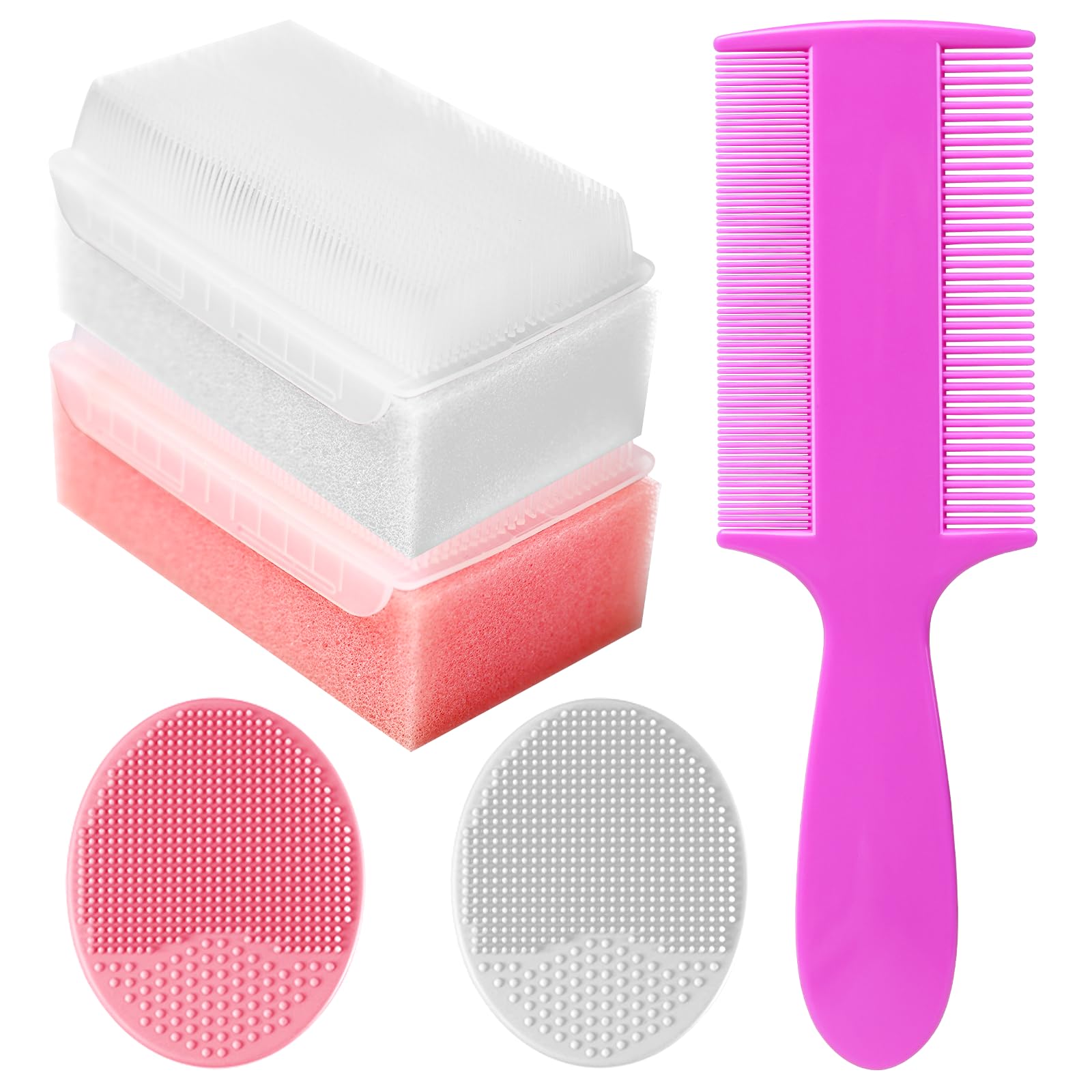 Cradle Cap Brush for Babies, Set of 5 Baby Bath Essentials with Bath Sponge Silicone Scrubber Long Handle Comb for Newborns Toddlers Boys Girls (Pink)