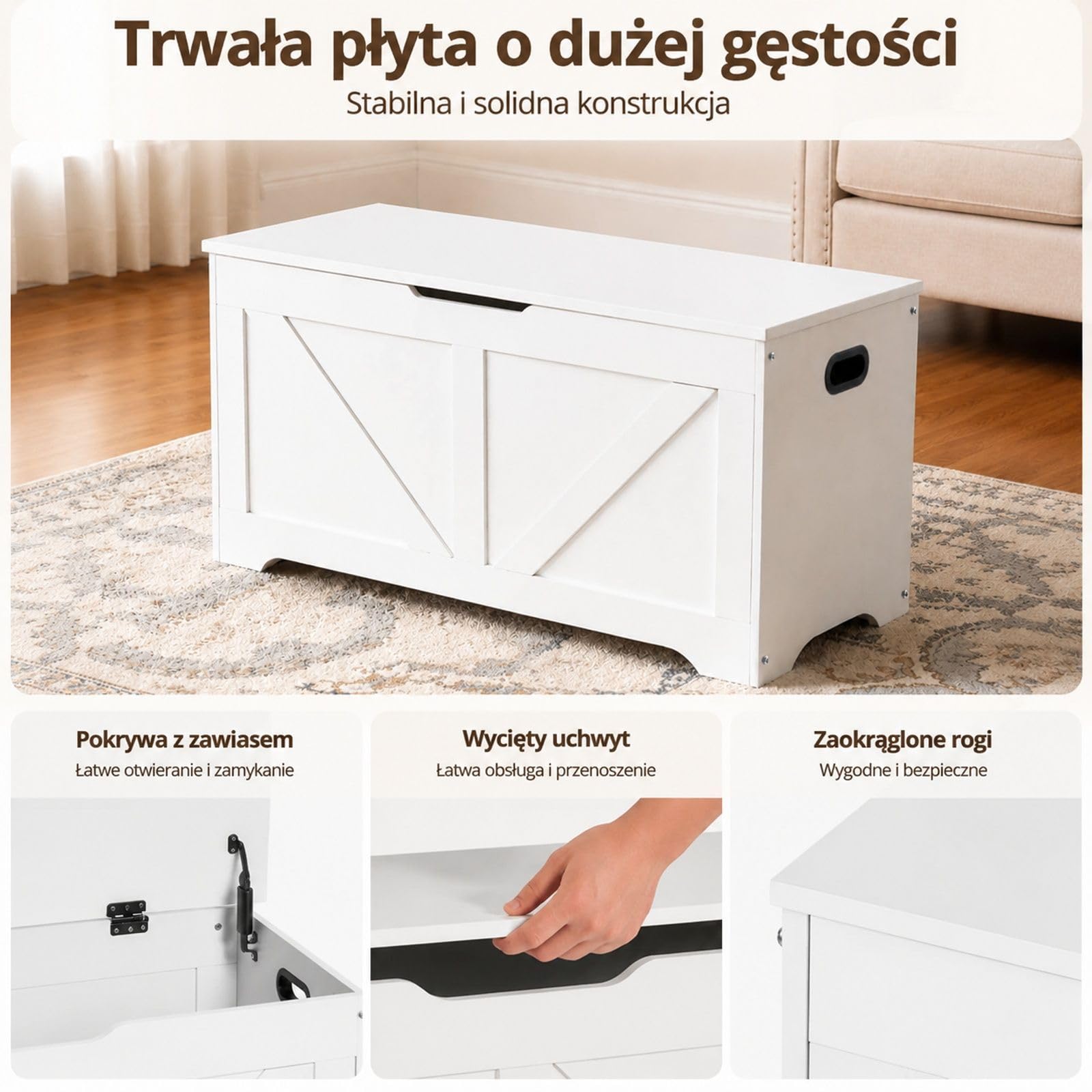 Biała drewniana skrzynia na zabawki z ławką i schowkiem do pokoju zabaw salonu przedpokoju