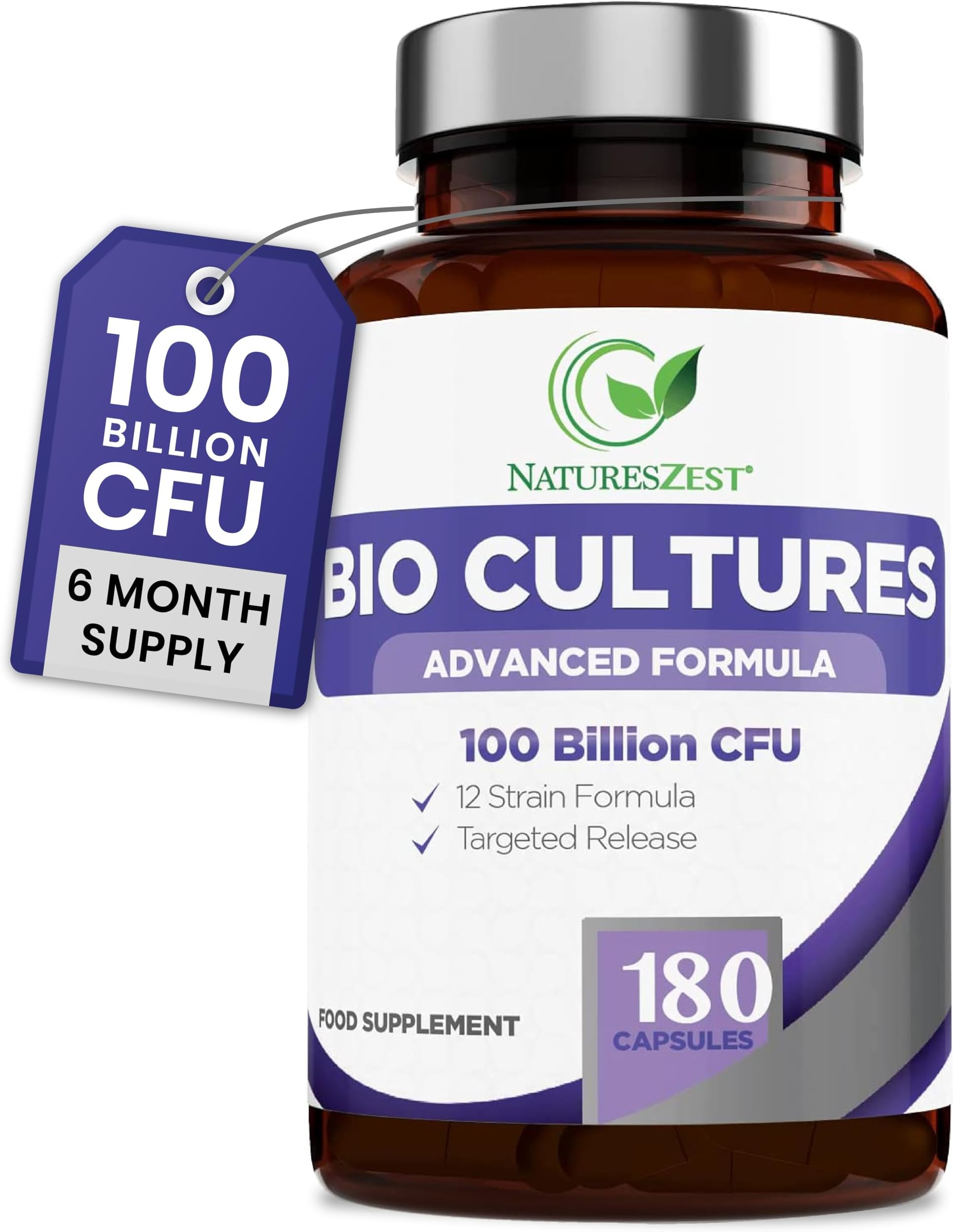 Bio Cultures Complex Probiotics 100 Billion CFU with Prebiotics, 180 Vegan Caps – Lactobacillus Plantarum & Saccharomyces Boulardii Probiotic - 6 Month Supply, Probiotics for Women, Packaging May Vary
