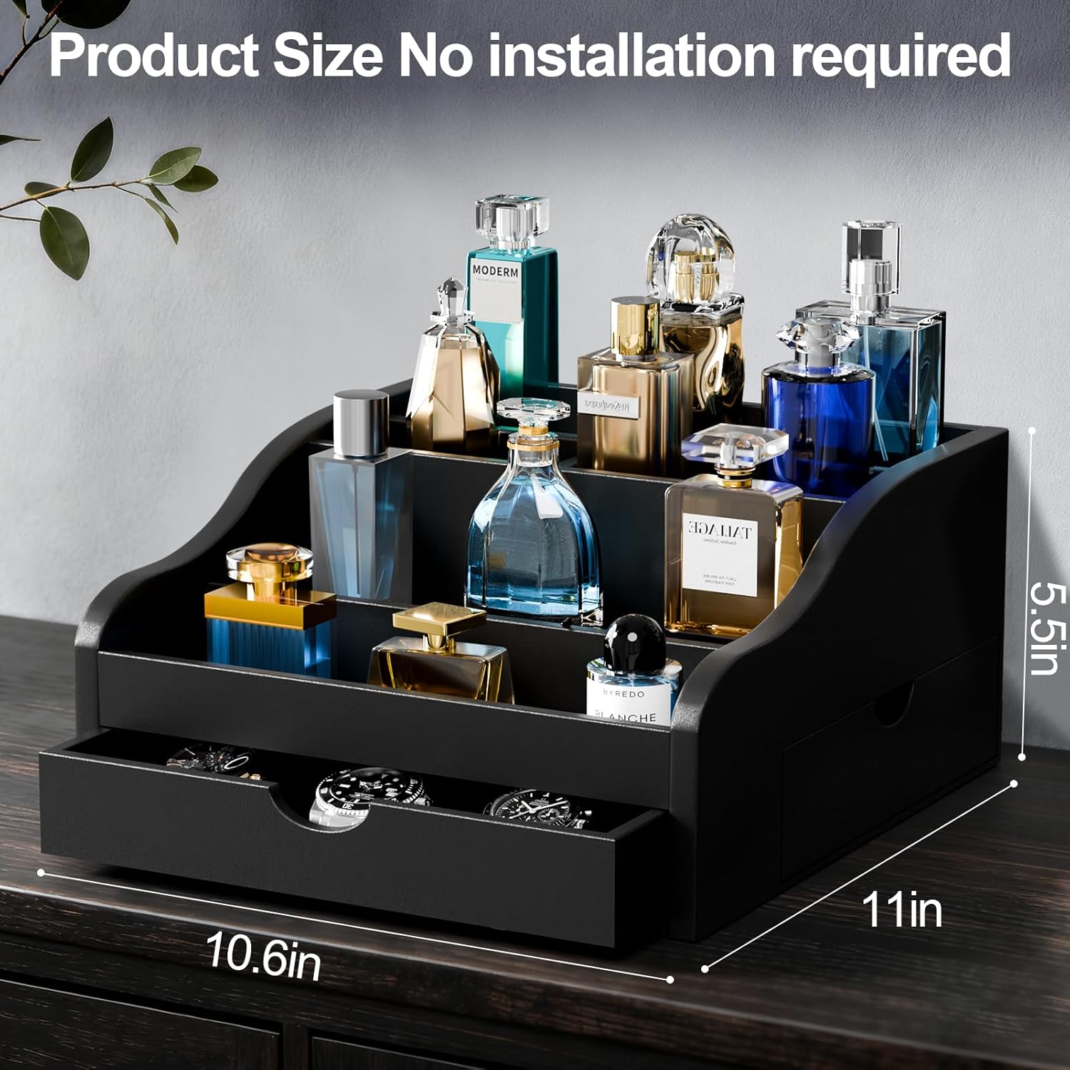 Perfume Organizer for Men，4 Tier Cologne Organizer for Men，Wood Cologne Stand with 2 Drawer and Hidden Storage for Watch, Jewelry, Perfume Display Risers, A Gifts for Man (Black)
