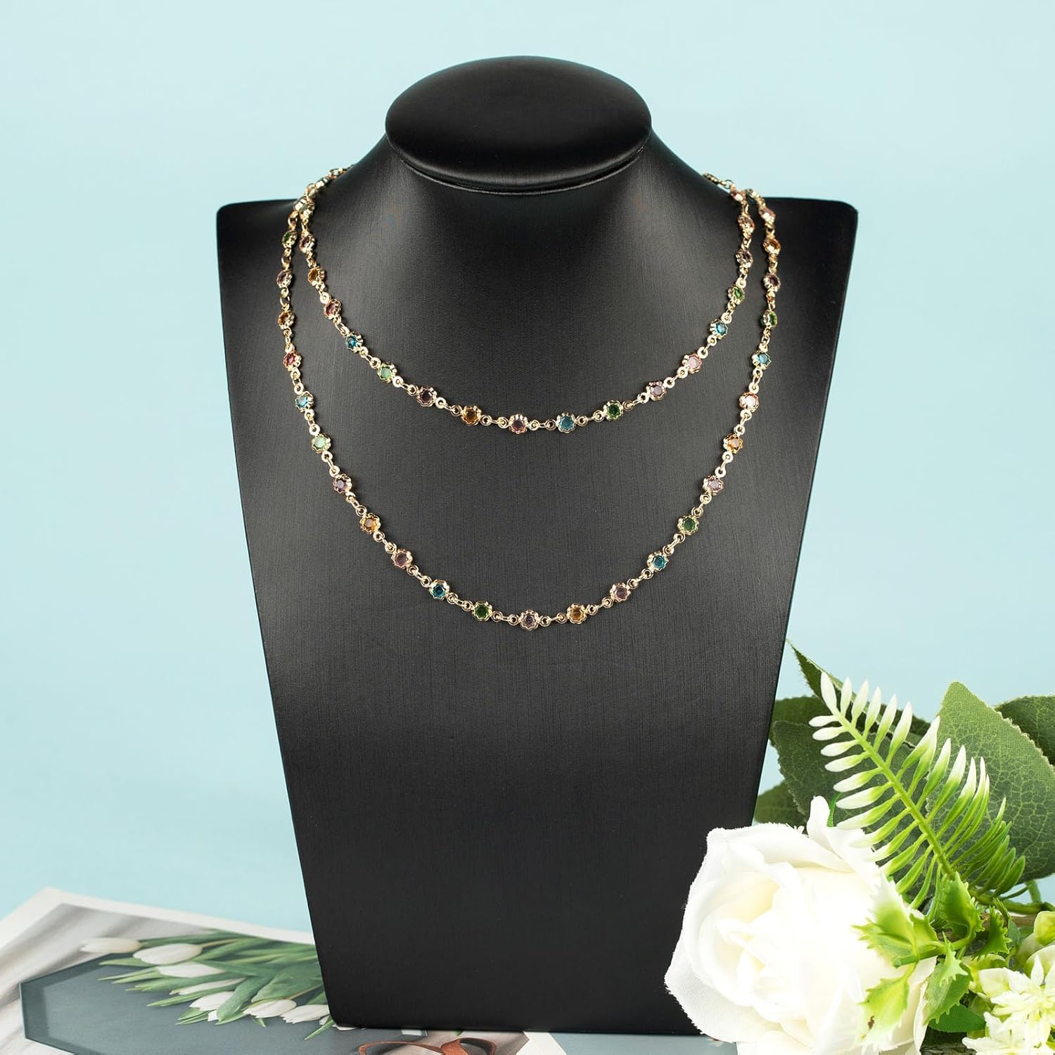 YOUBEIYEE 3 Meters Colorful Rhinestone Jewelry Chain Gold Plated Brass Chain for Jewelry Making Mixed Color Glass Bead Flower Craft Chain Roll - Image 7