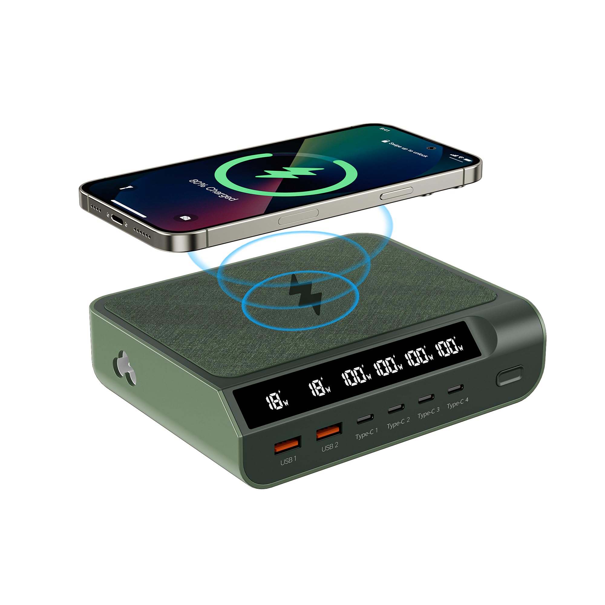 Compact 240W USB C Charger - GaN 6 Ports Charger with Digital Display Screen Phone Charger Fast Charging Multi-Port Charging Station for Phones,Tablets,Laptops (Dark Green)