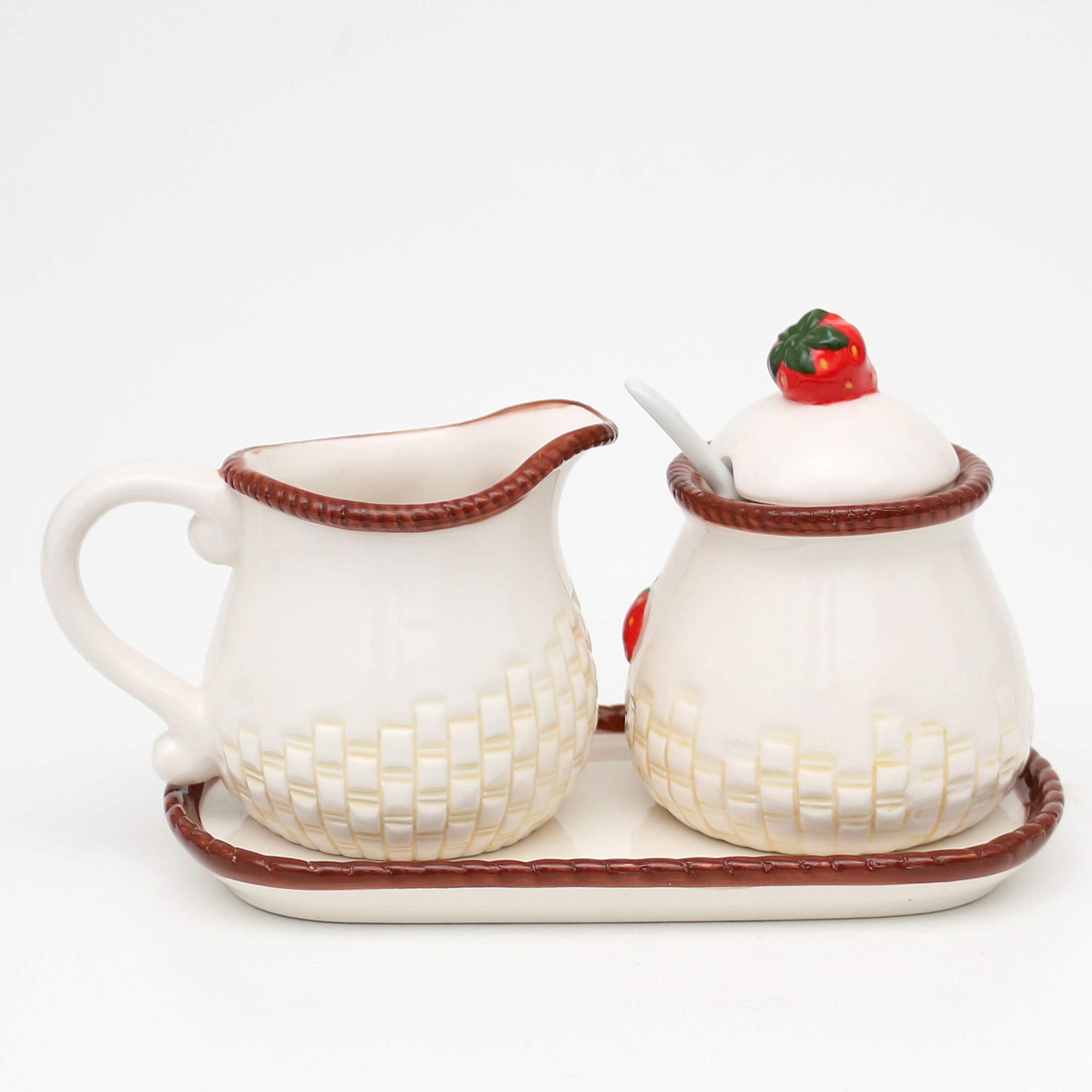 Dekohelden24 Dolomite, zuccheriera con Cucchiaio, bricco per Latte e piattino, Set da 3, con Fragole in Rilievo, Dimensioni Circa 19 x 10,5 cm, 12