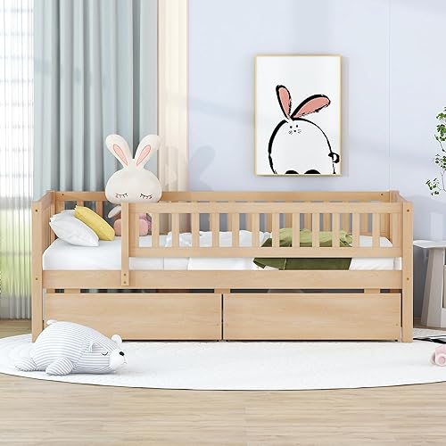 Miniatura 3 de Base de cama para niños de tamaño individual con 2 cajones, sofá cama individual de madera con valla, marco de cama de almacenamiento tamaño