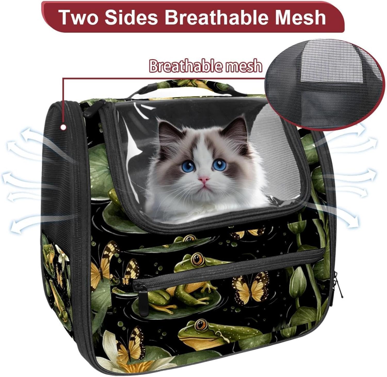 Portable Travel pet Backpack Carrier Hamster Bag Small Dog cat Carrier Breathable Hang Bag, Cute Green Frogs Butterflies (2)