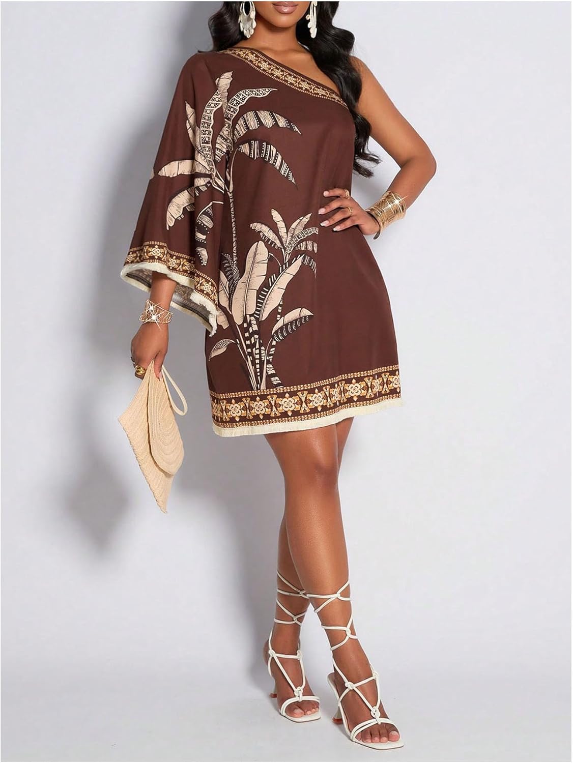 Verdusa Women's Vintage Tropical One Shoulder Tassel Wedding Guest Dress Elegant Vacation Dresses