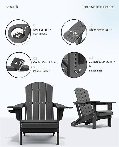 Miniatura 8 de SERWALL - Sillas Adirondack plegables de polietileno de alta densidad con textura de madera, color gris