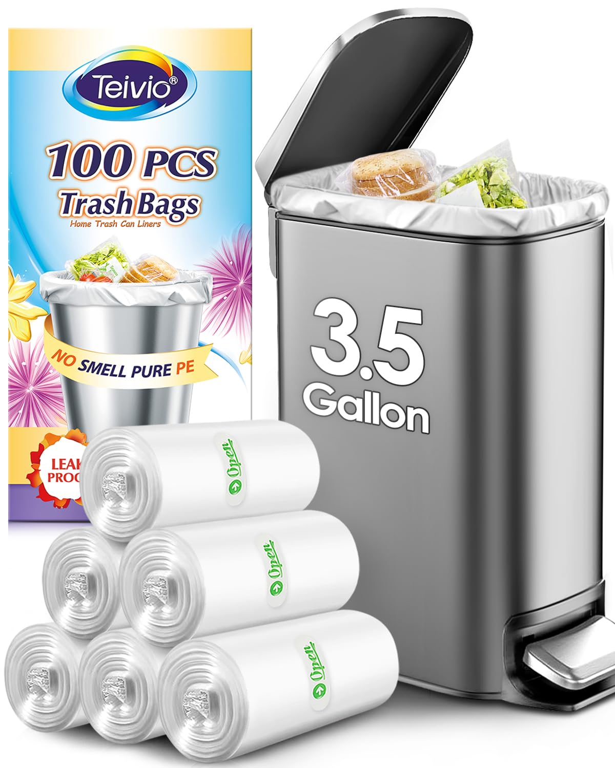 Teivio3.5 Gallon 120 Counts Strong Trash Bags Garbage Bags, Bathroom Trash Can Bin Liners, Plastic Bags for home office kitchen, Clear