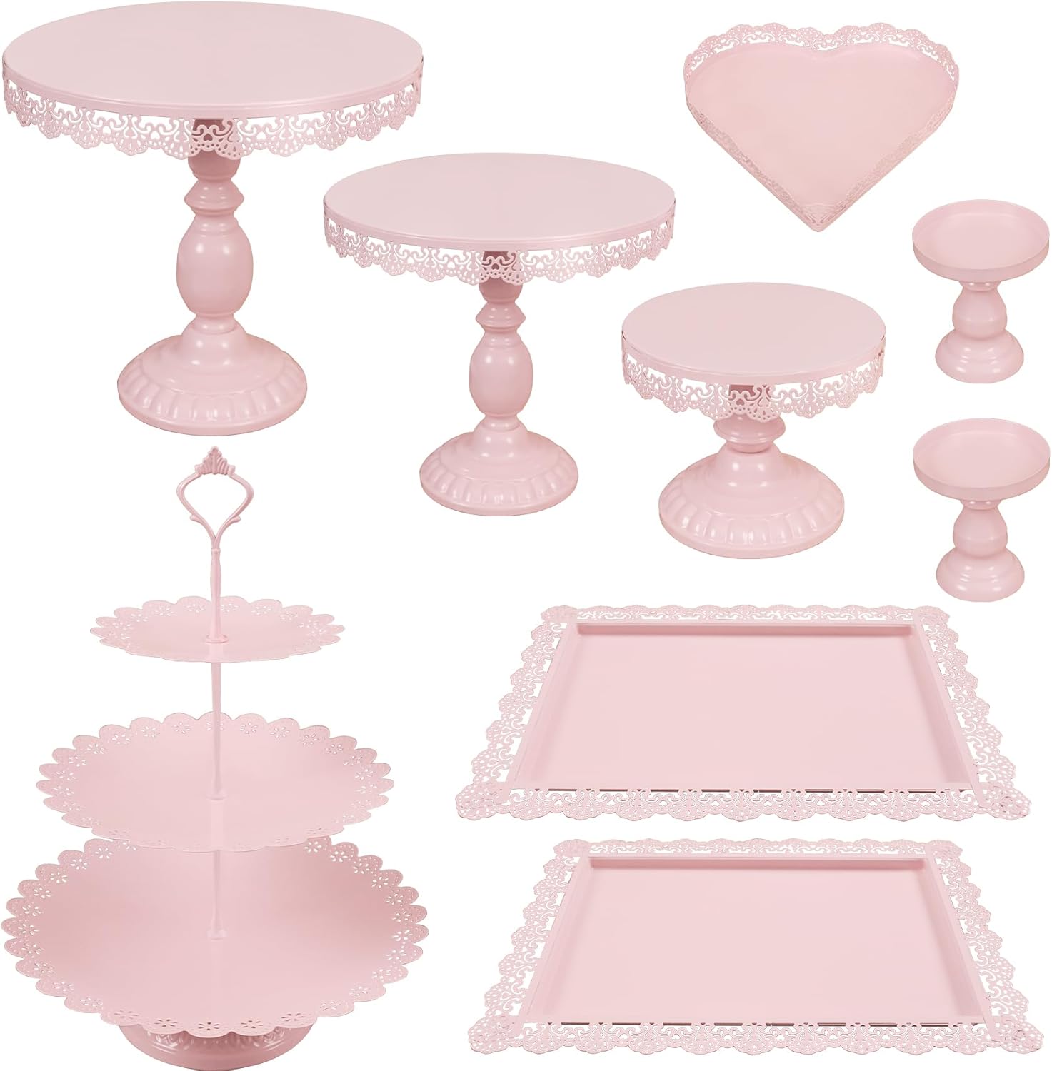 Set of 9 Cake Stands Metal Cupcake Stand Set Multiple Styles Candy Fruit Display Tower Dessert Plate Cake Serving Tray for Birthday Party Wedding Anniversary Baby Shower Engagement (Pink)