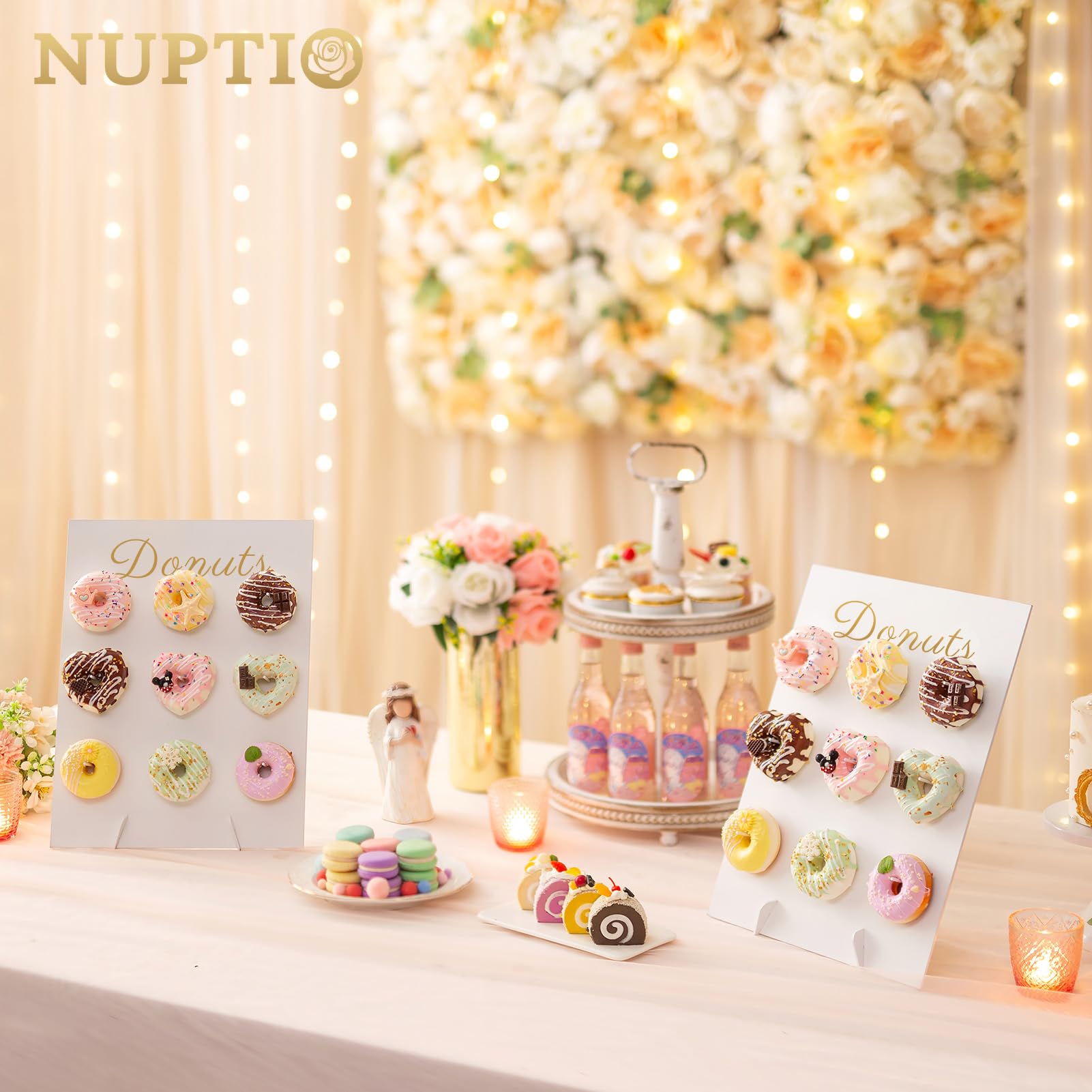 NUPTIO Donut Stand Wall Display: White Donuts Board 2pcs Wood Bagel Holder Reusable Sweet Treat Tower Rustic Doughnut Cake Stands for Party Wedding Birthday Bridal Baby Shower Decorations Supplies