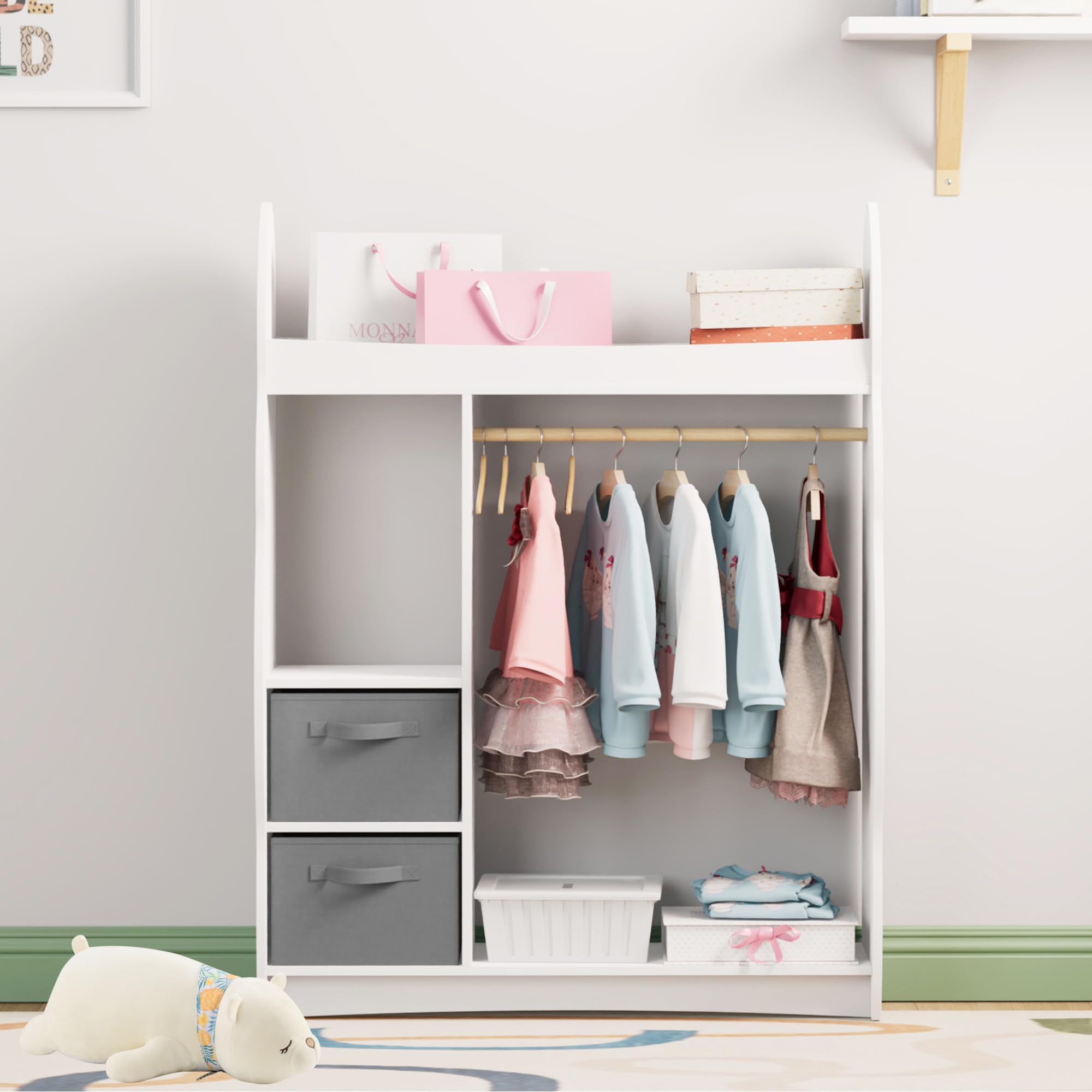 KEEPREAPER Kinder Kleiderschrank Kinderkleiderständer mit Boxen, Kleiderstange, Spiegel und Ablagen, Kindergarderobe aus Holz, Kinderregal 81 x 28 x 106,5 cm (Wolken mit 2 Schubladen, Weiß)