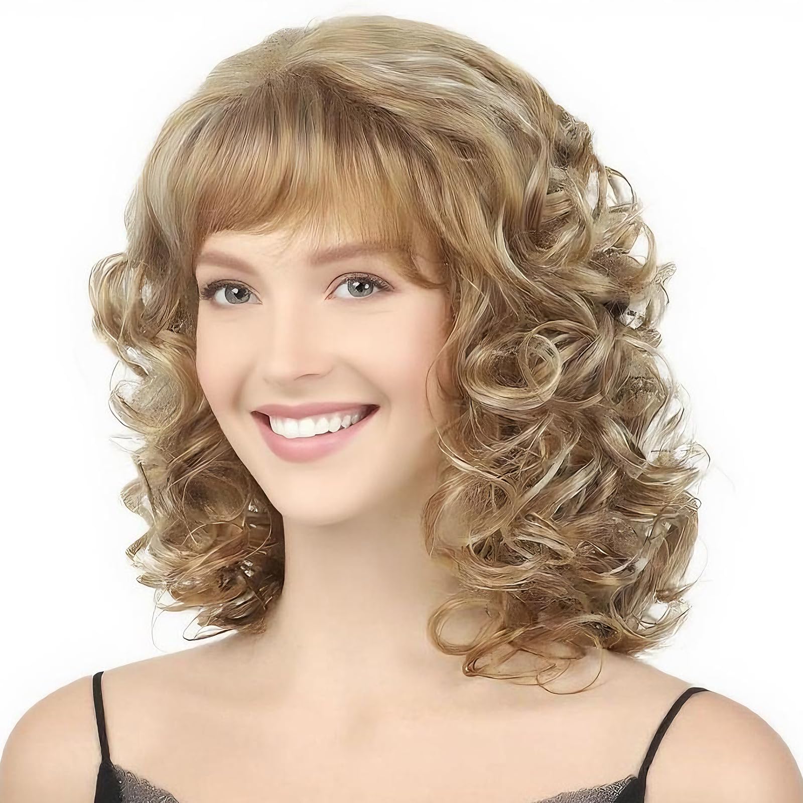 TISHINING Short Blonde Curly Wig with Bangs for White Women Shoulder Length Mixed Blonde Shaggy Curly Synthetic Full Wig Natural Looking Daily Party