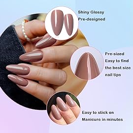 LoveOurHome 240pc Almond Press on Nails Medium Fake Nail Tips Brown Acrylic Nails Press ons Nail Almond Short Stiletto False Nail French Artificial Fingernail & Adhesive Tabs Glue for Women Girls